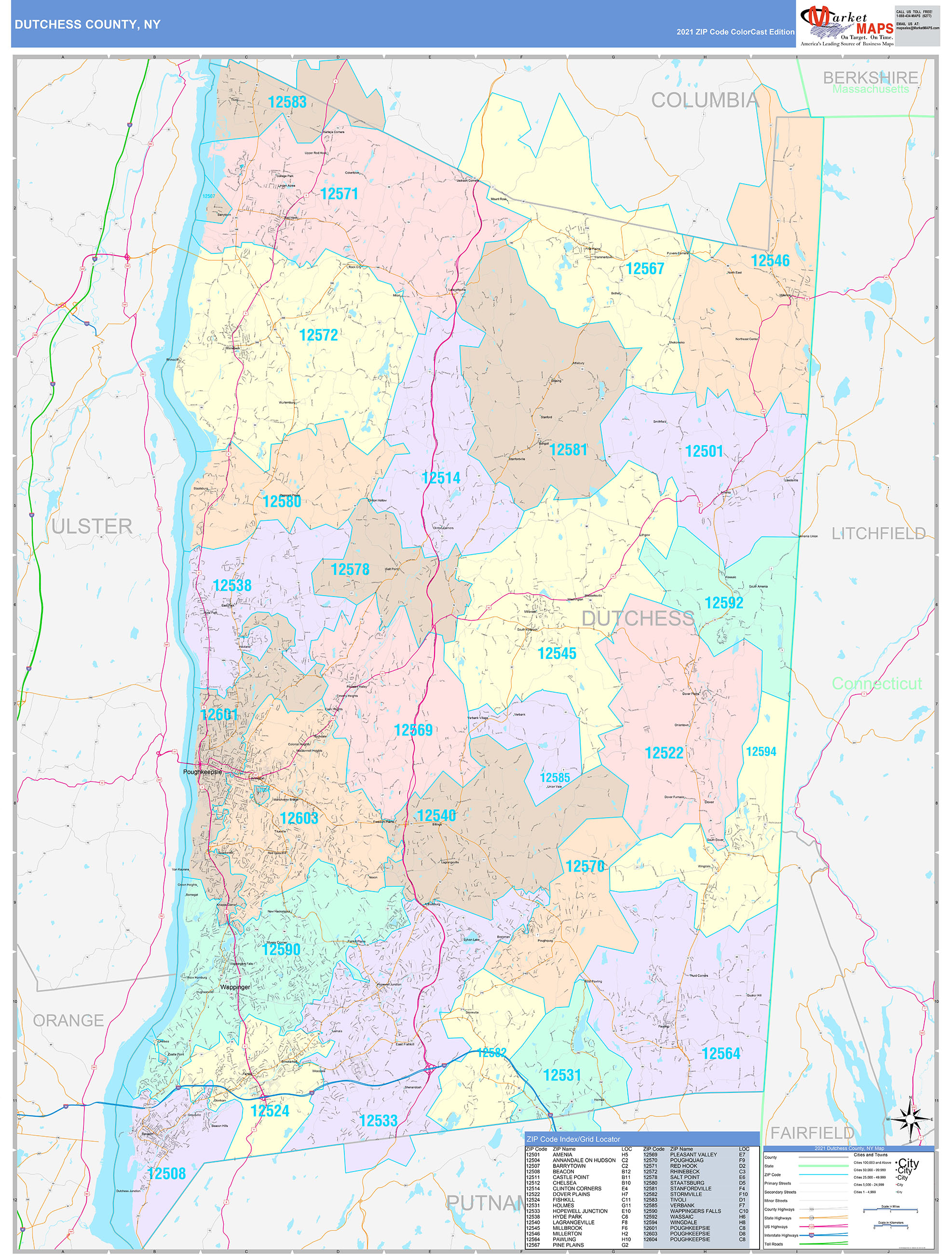 Dutchess County, NY Wall Map Color Cast Style by MarketMAPS MapSales