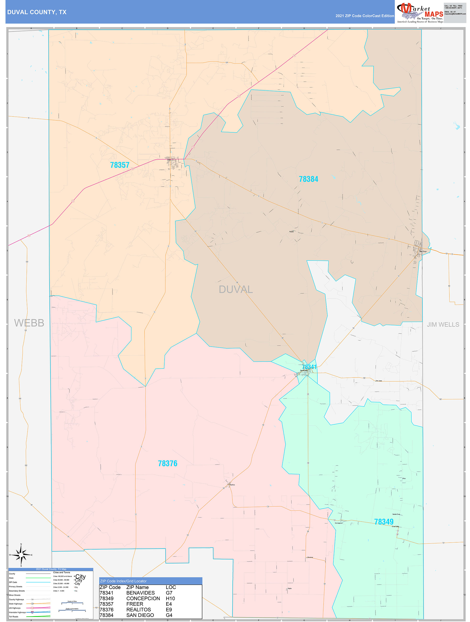 Duval County, TX Wall Map Color Cast Style by MarketMAPS