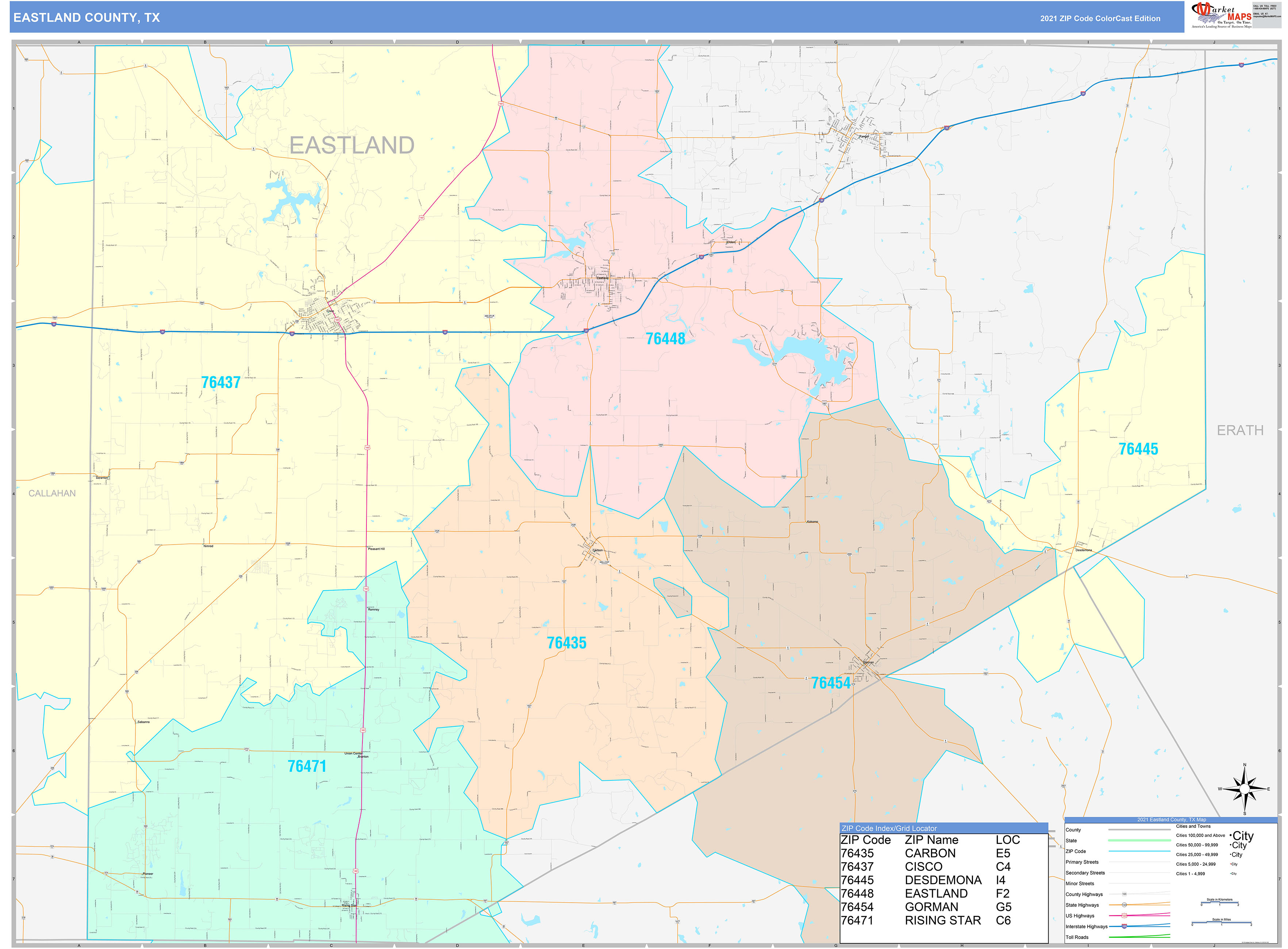 Eastland County, TX Wall Map Color Cast Style by MarketMAPS MapSales