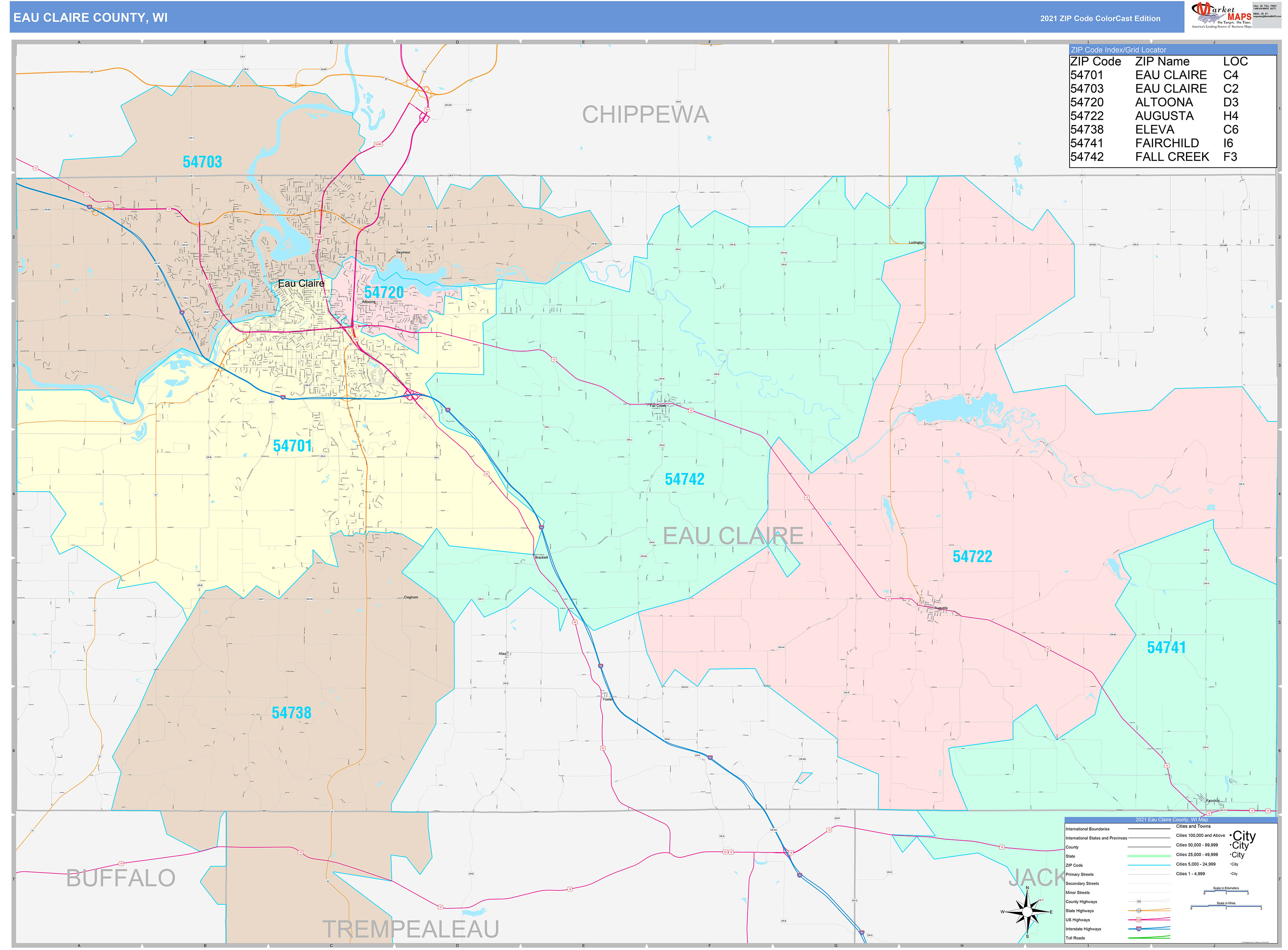Eau Claire County, WI Wall Map Color Cast Style by MarketMAPS