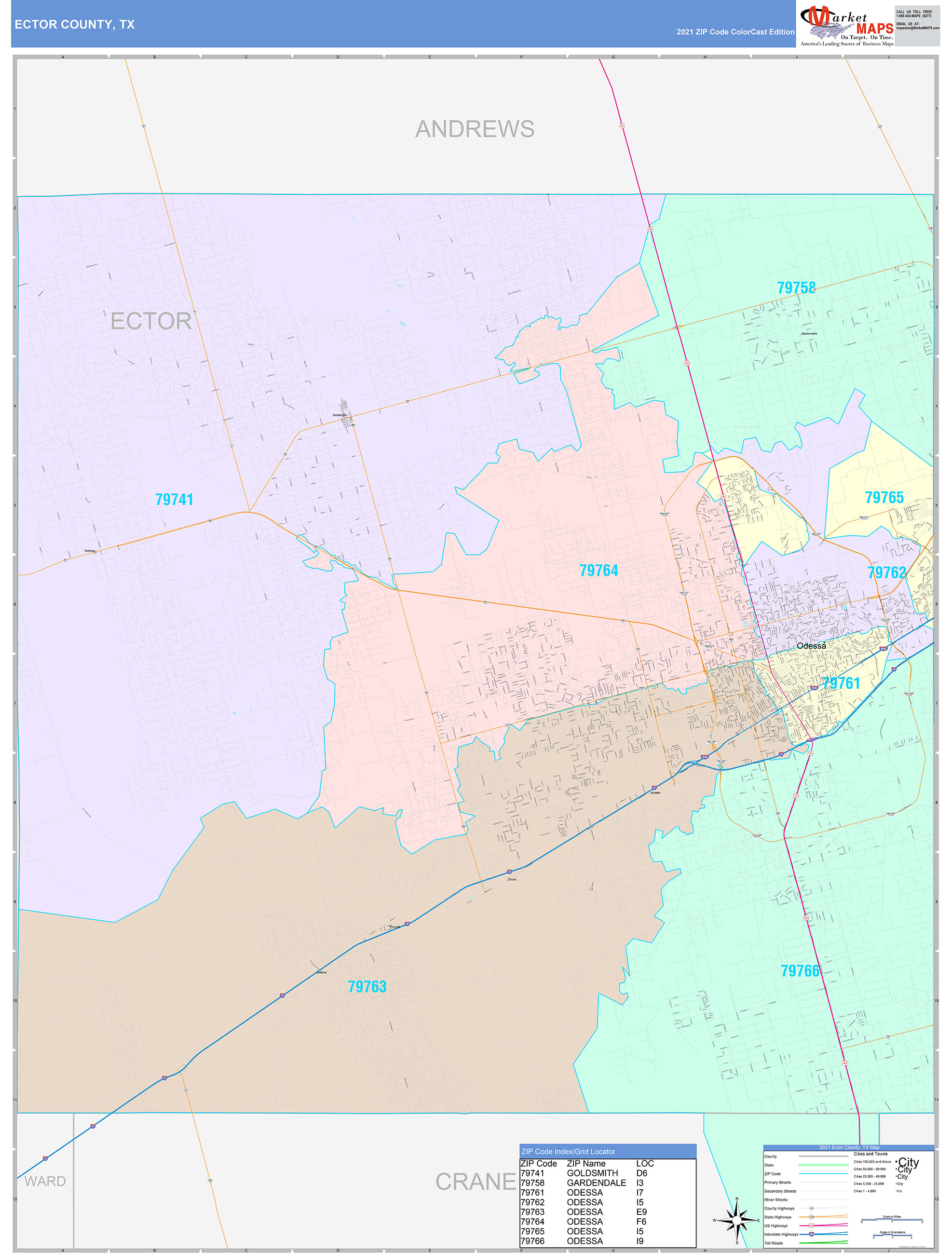 Ector County TX Wall Map Color Cast Style by MarketMAPS