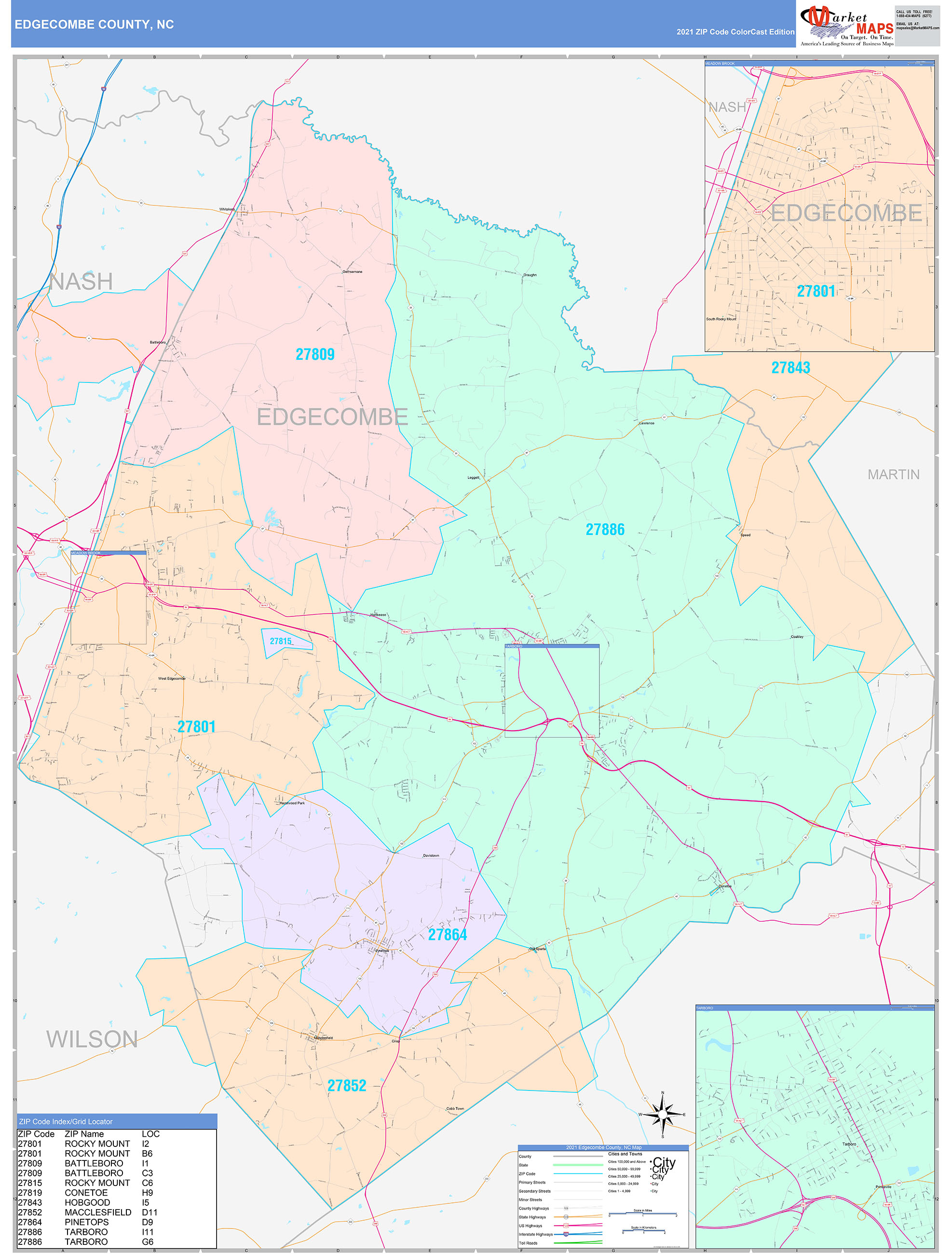 Edgecombe County, NC Wall Map Color Cast Style by MarketMAPS