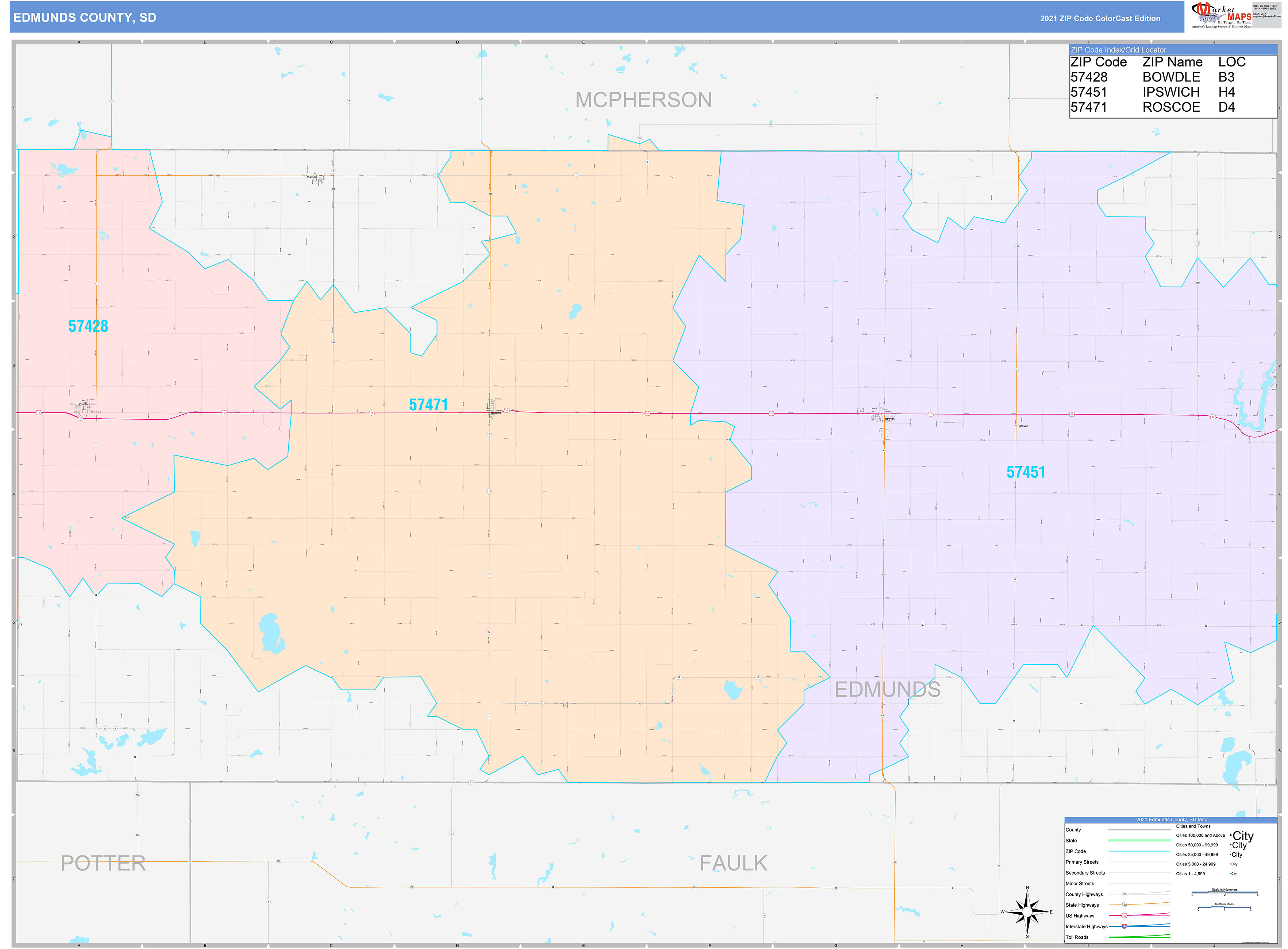 Edmunds County, SD Wall Map Color Cast Style by MarketMAPS