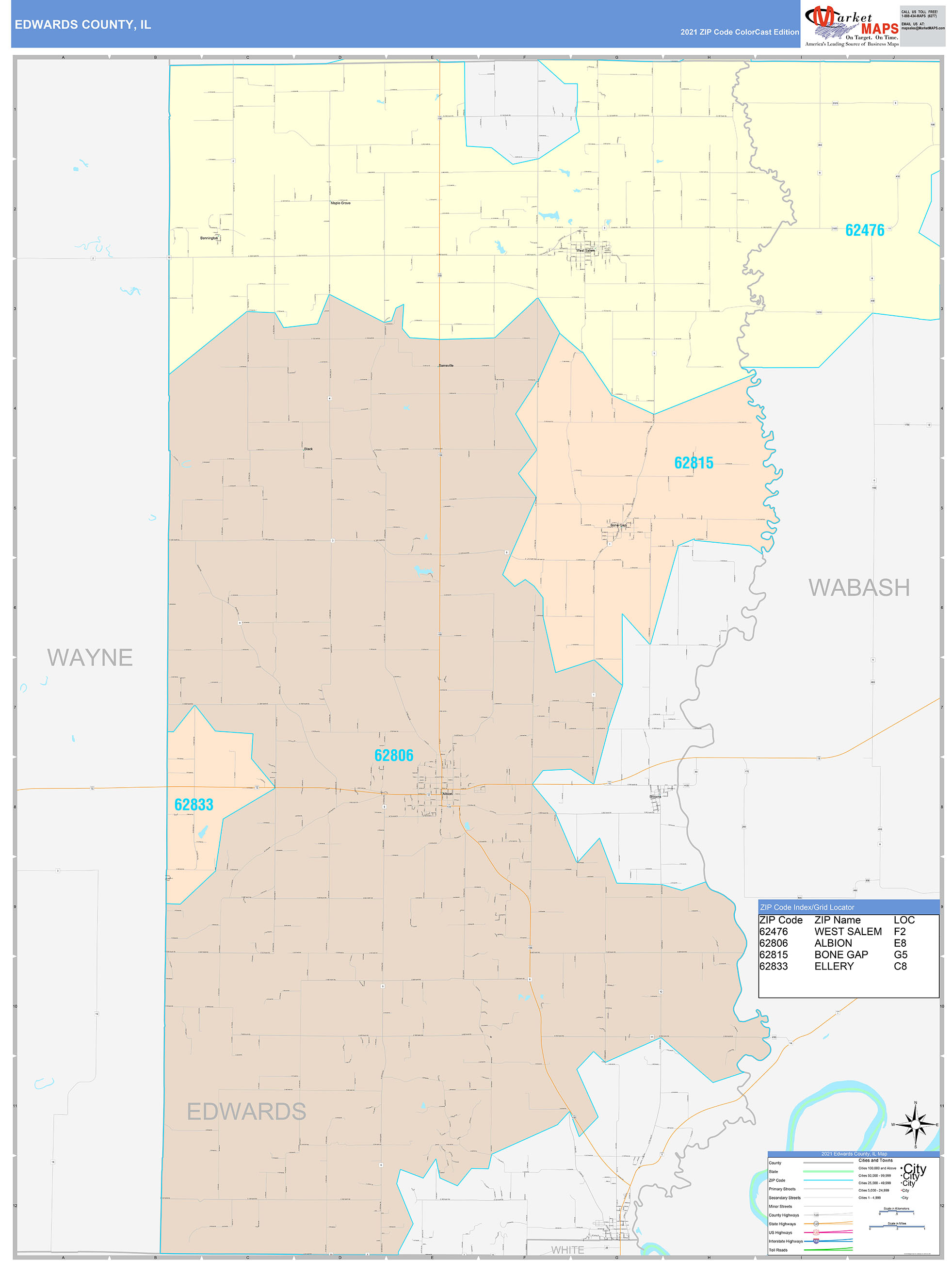 Edwards County, IL Wall Map Color Cast Style by MarketMAPS