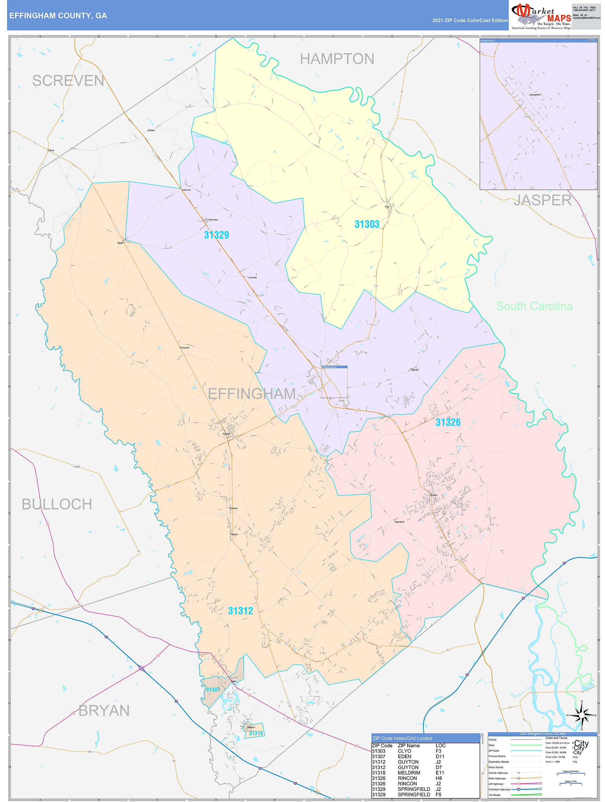 Effingham County, GA Wall Map Color Cast Style by MarketMAPS