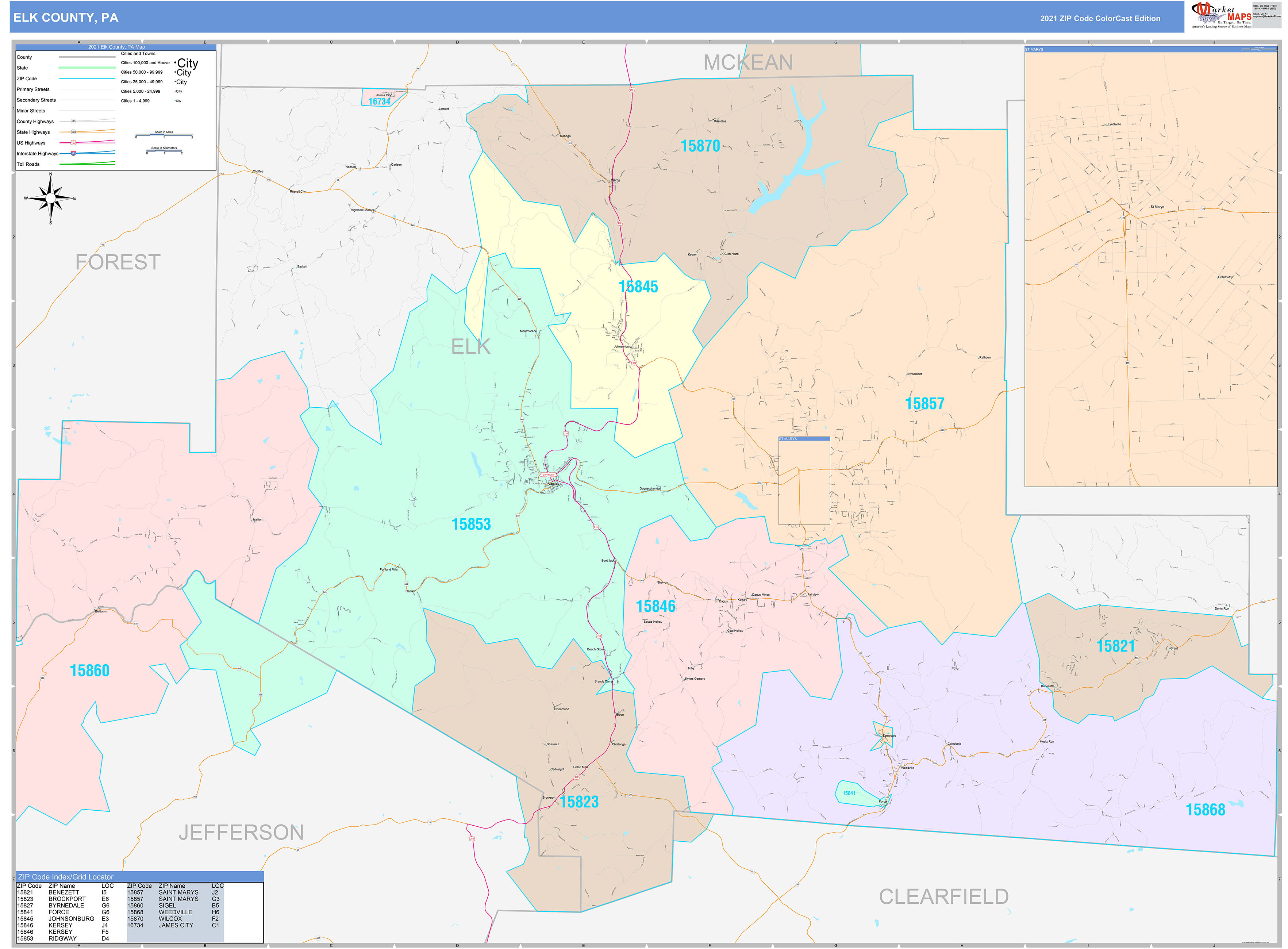 Elk County, PA Wall Map Color Cast Style by MarketMAPS - MapSales.com Elk County, PA Wall Map Color Cast Style by MarketMAPS - MapSales.com