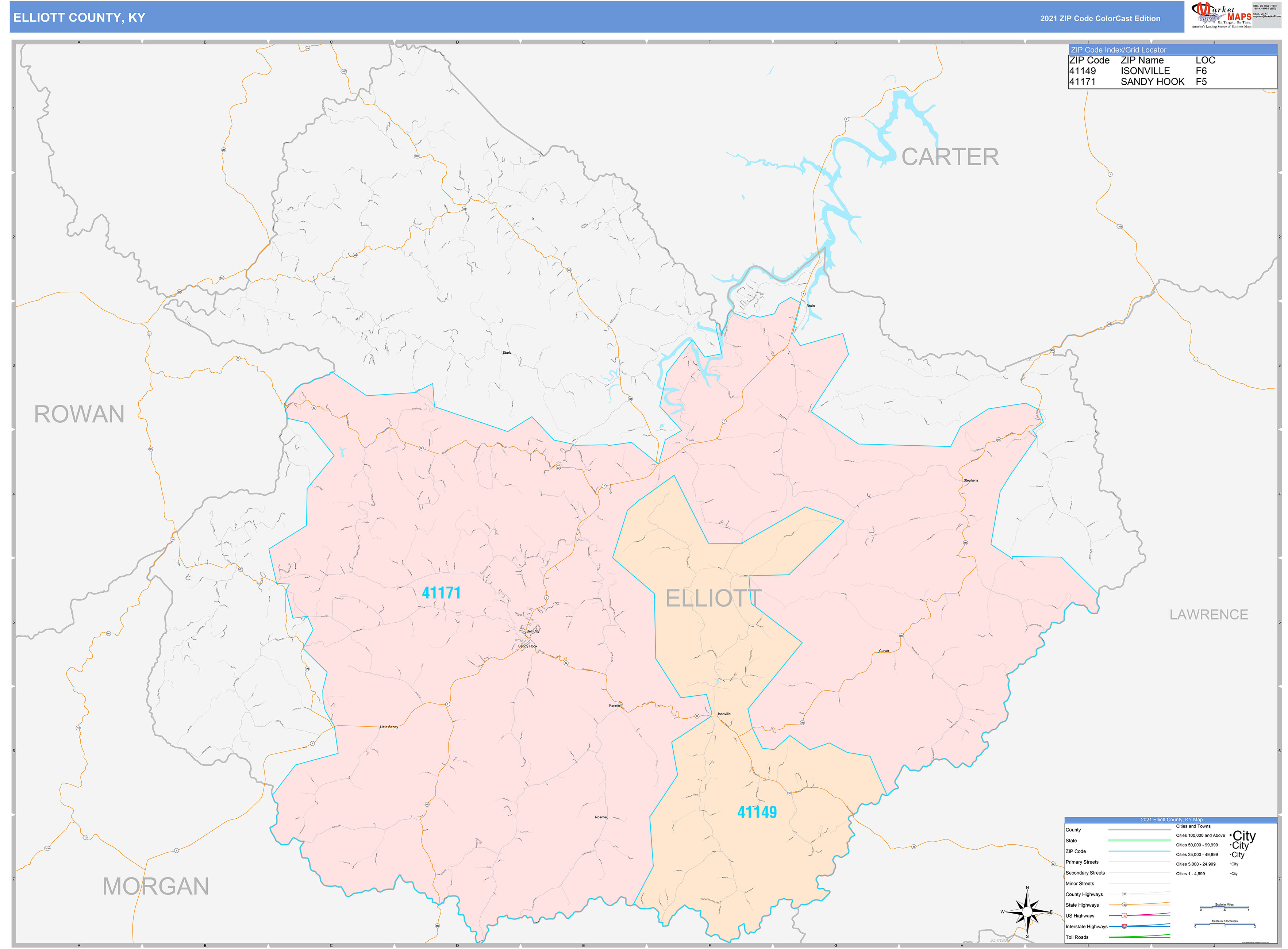 Elliott County, KY Wall Map Color Cast Style by MarketMAPS MapSales