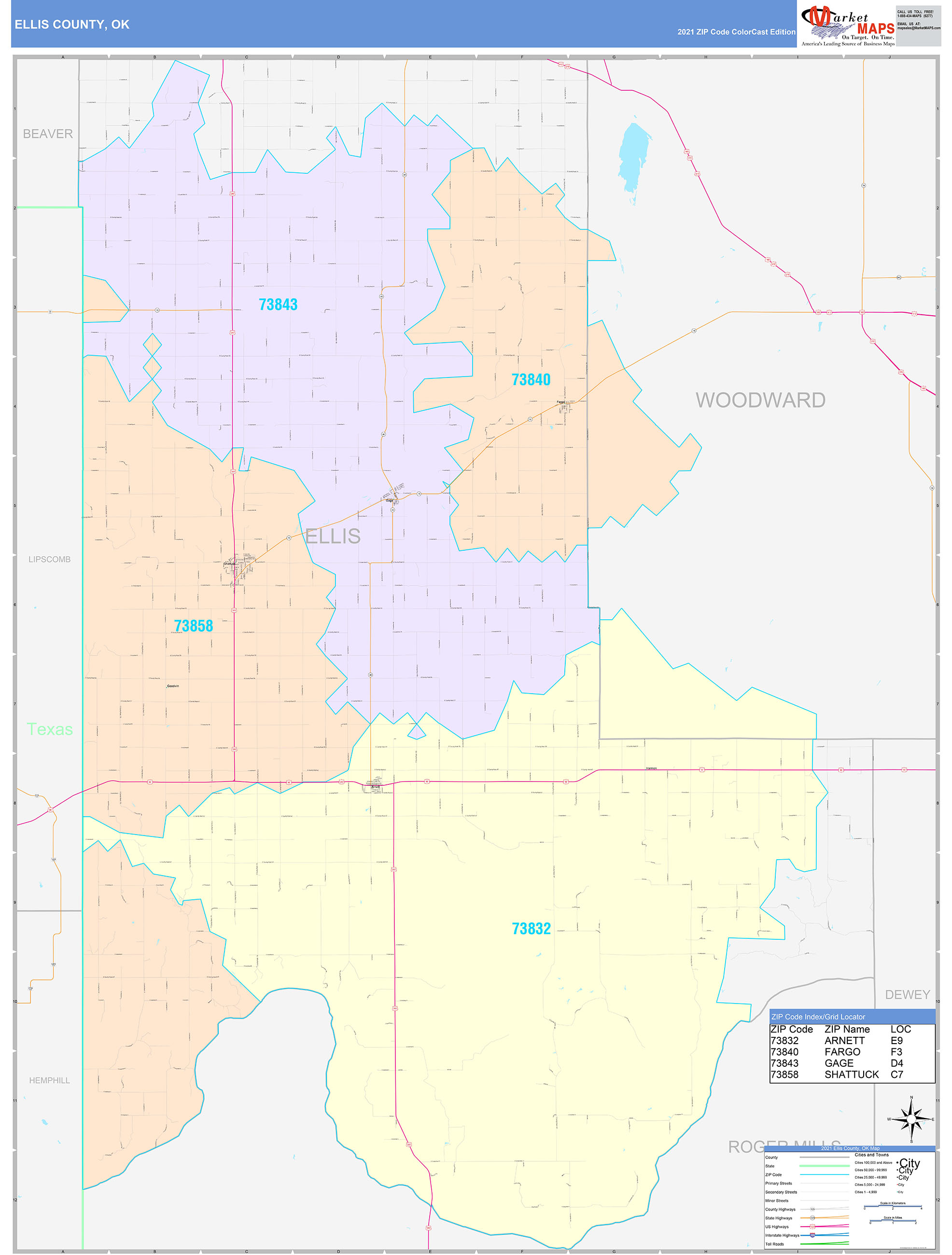 Ellis County, OK Wall Map Color Cast Style by MarketMAPS