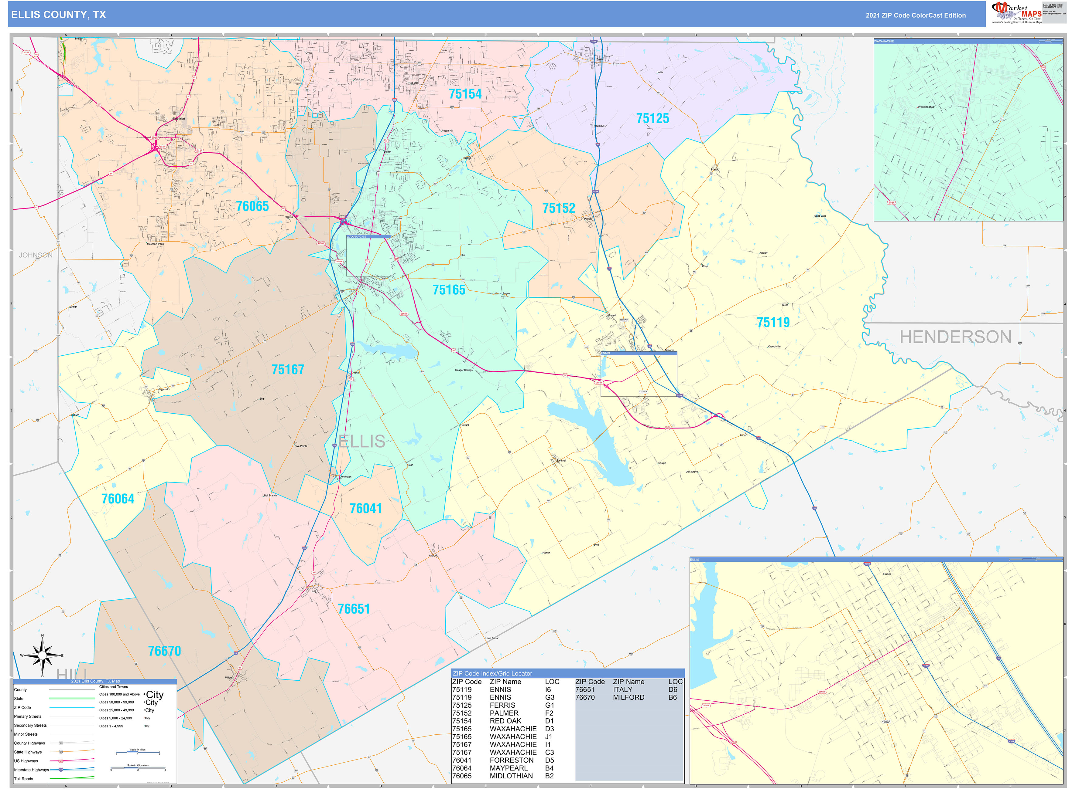 Ellis County, TX Wall Map Color Cast Style by MarketMAPS - MapSales.com