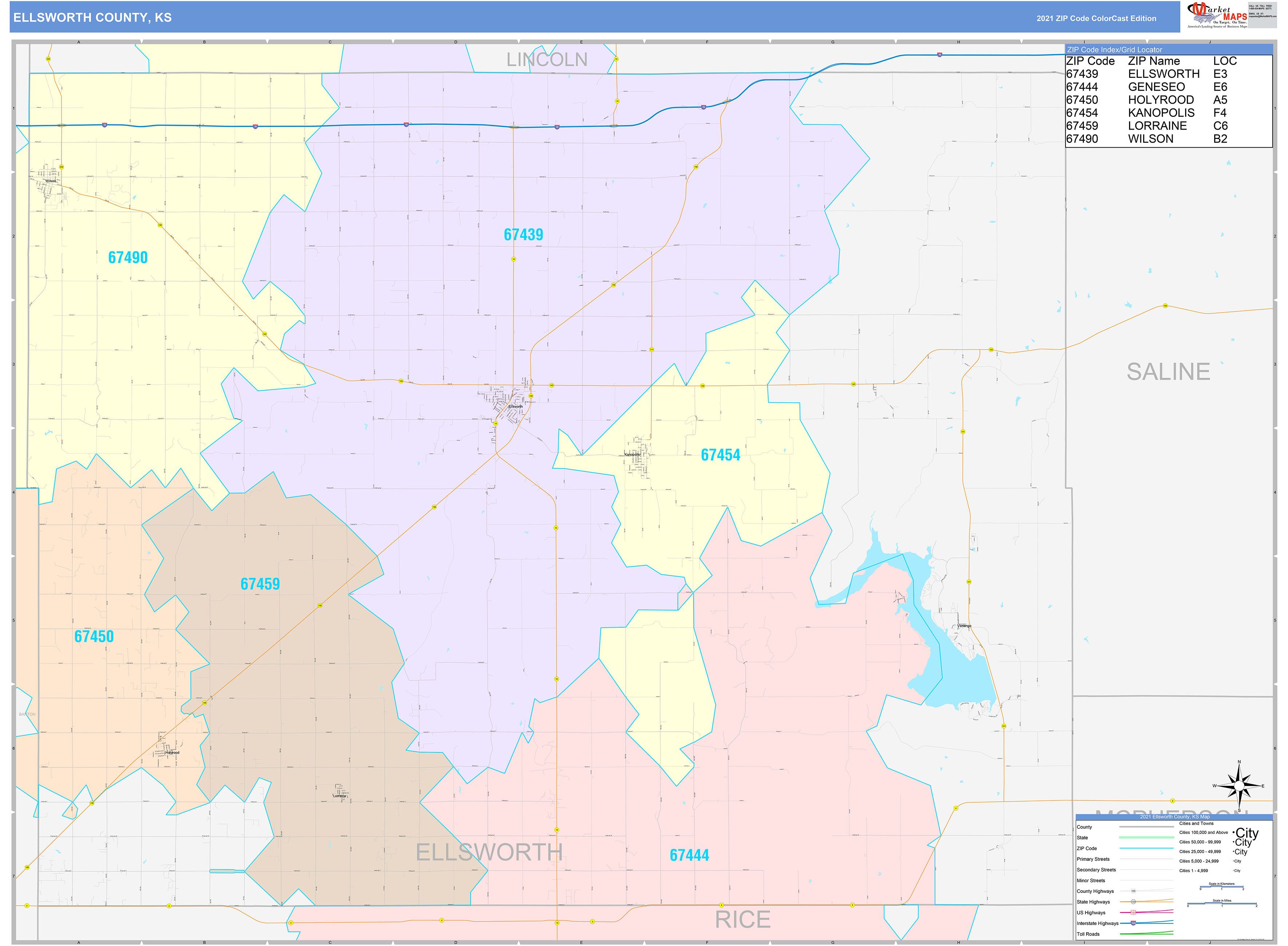 Ellsworth County, KS Wall Map Color Cast Style by MarketMAPS