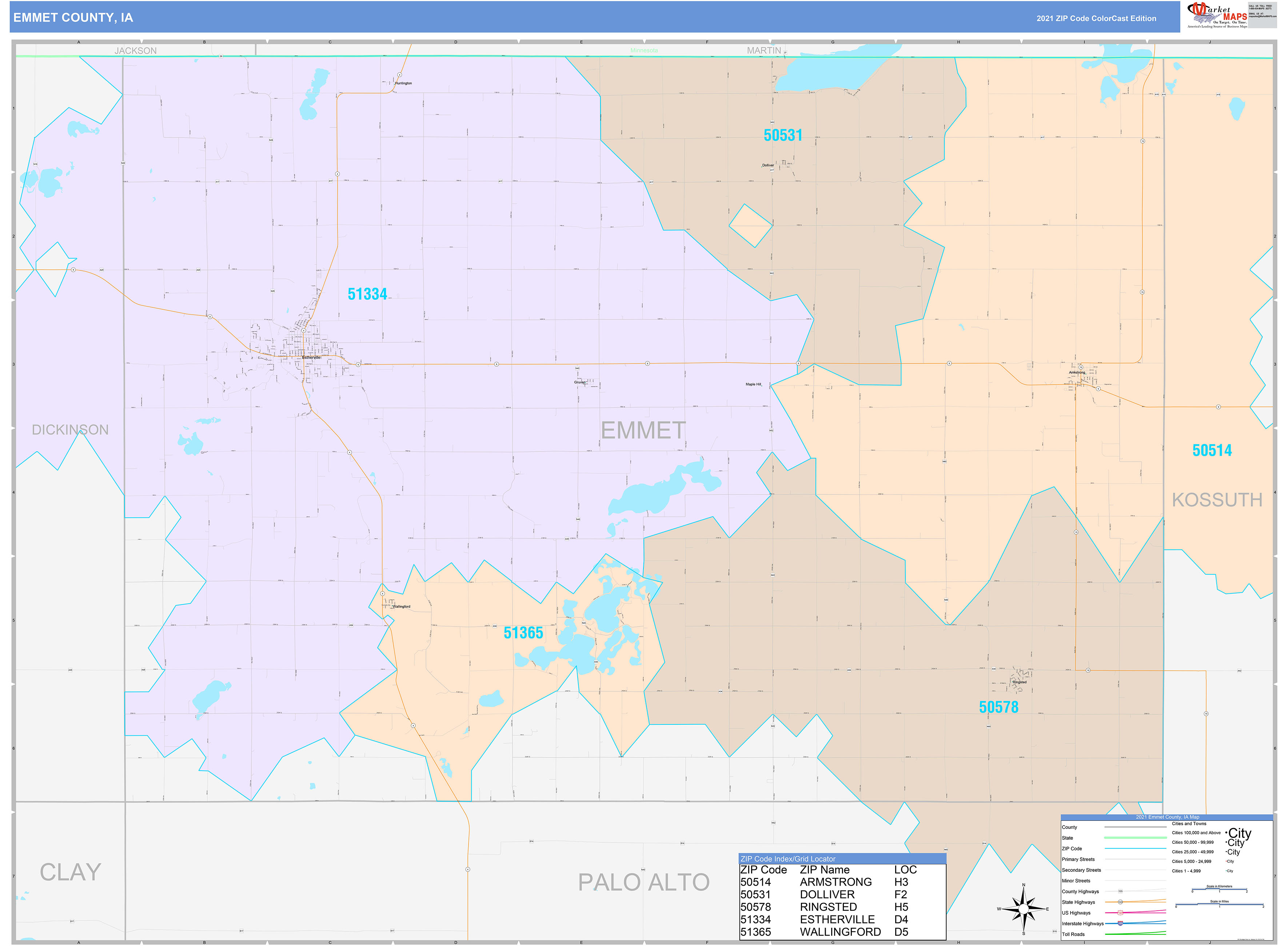Emmet County, IA Wall Map Color Cast Style by MarketMAPS