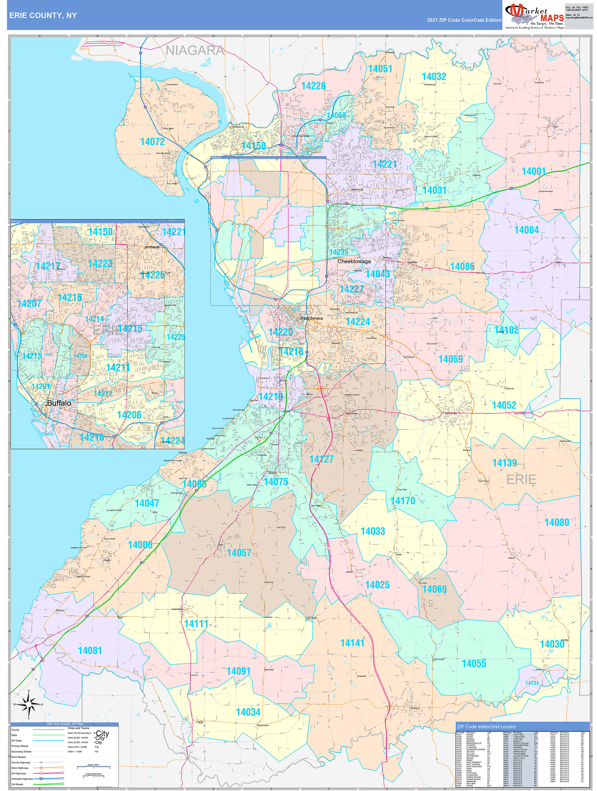 Erie County, NY Wall Map Color Cast Style by MarketMAPS MapSales