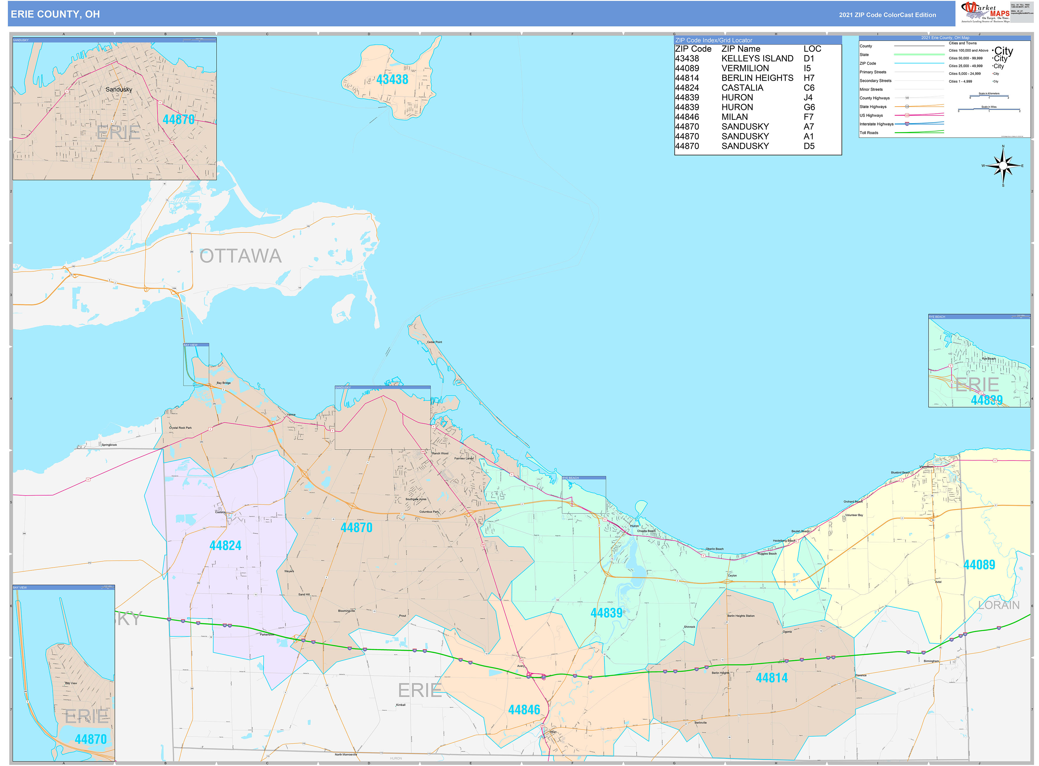 Erie County, OH Wall Map Color Cast Style by MarketMAPS