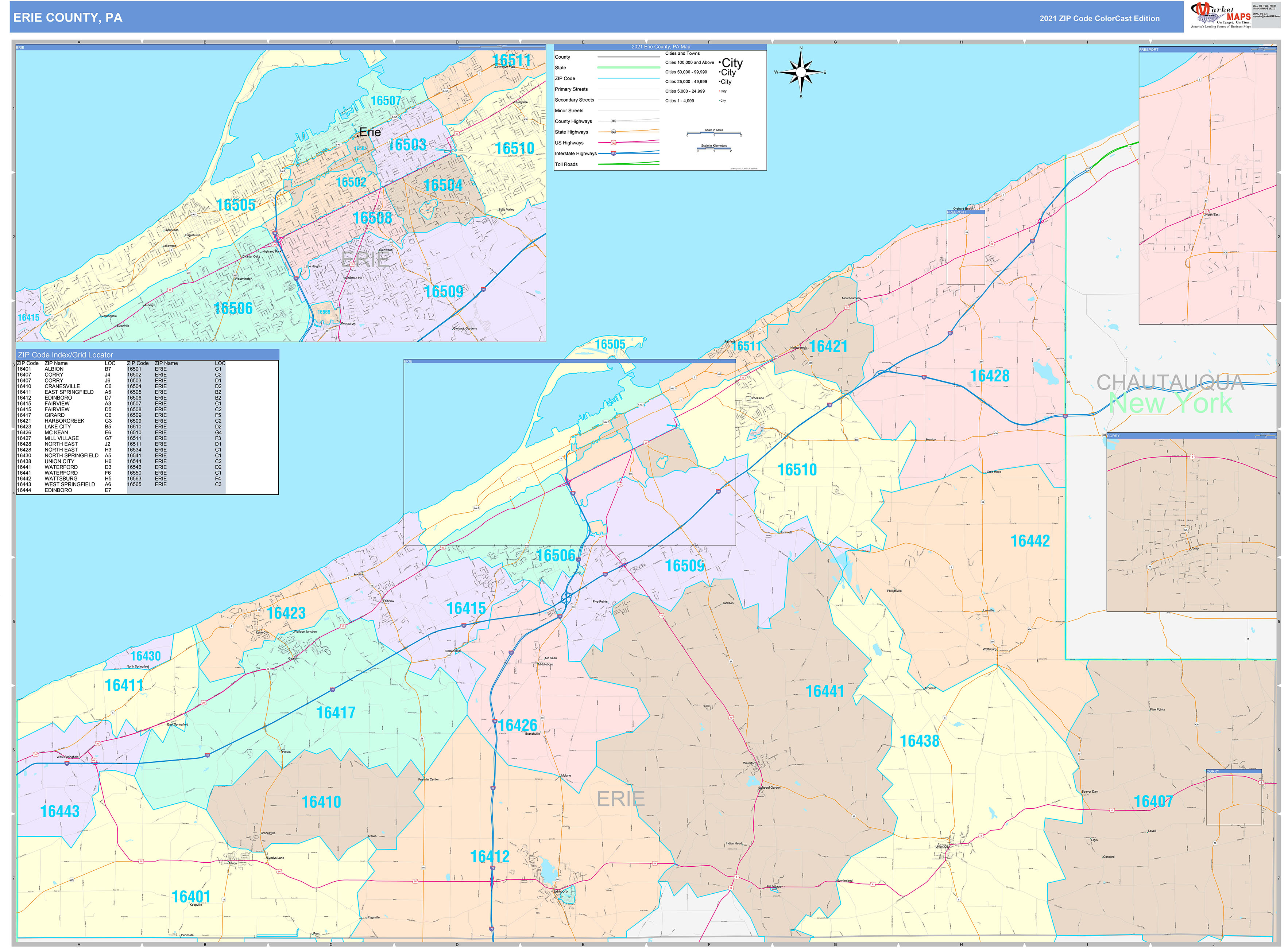 Erie County, PA Wall Map Color Cast Style by MarketMAPS MapSales