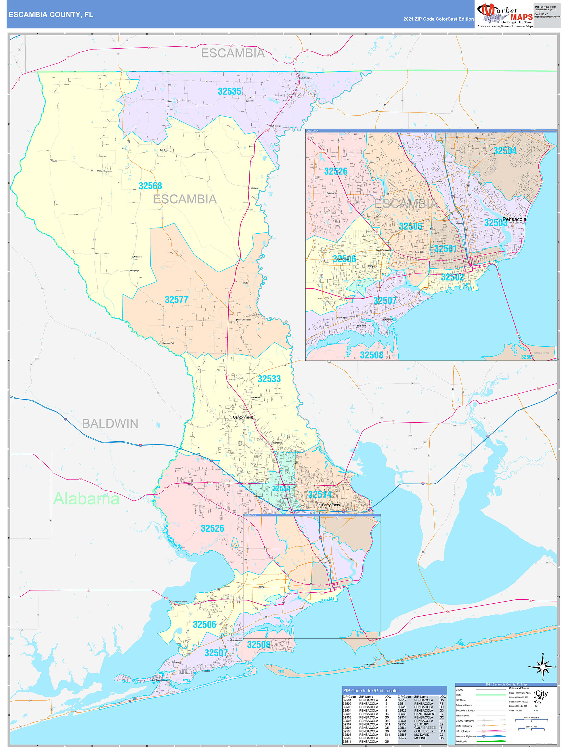 Escambia County, FL Wall Map Color Cast Style by MarketMAPS - MapSales