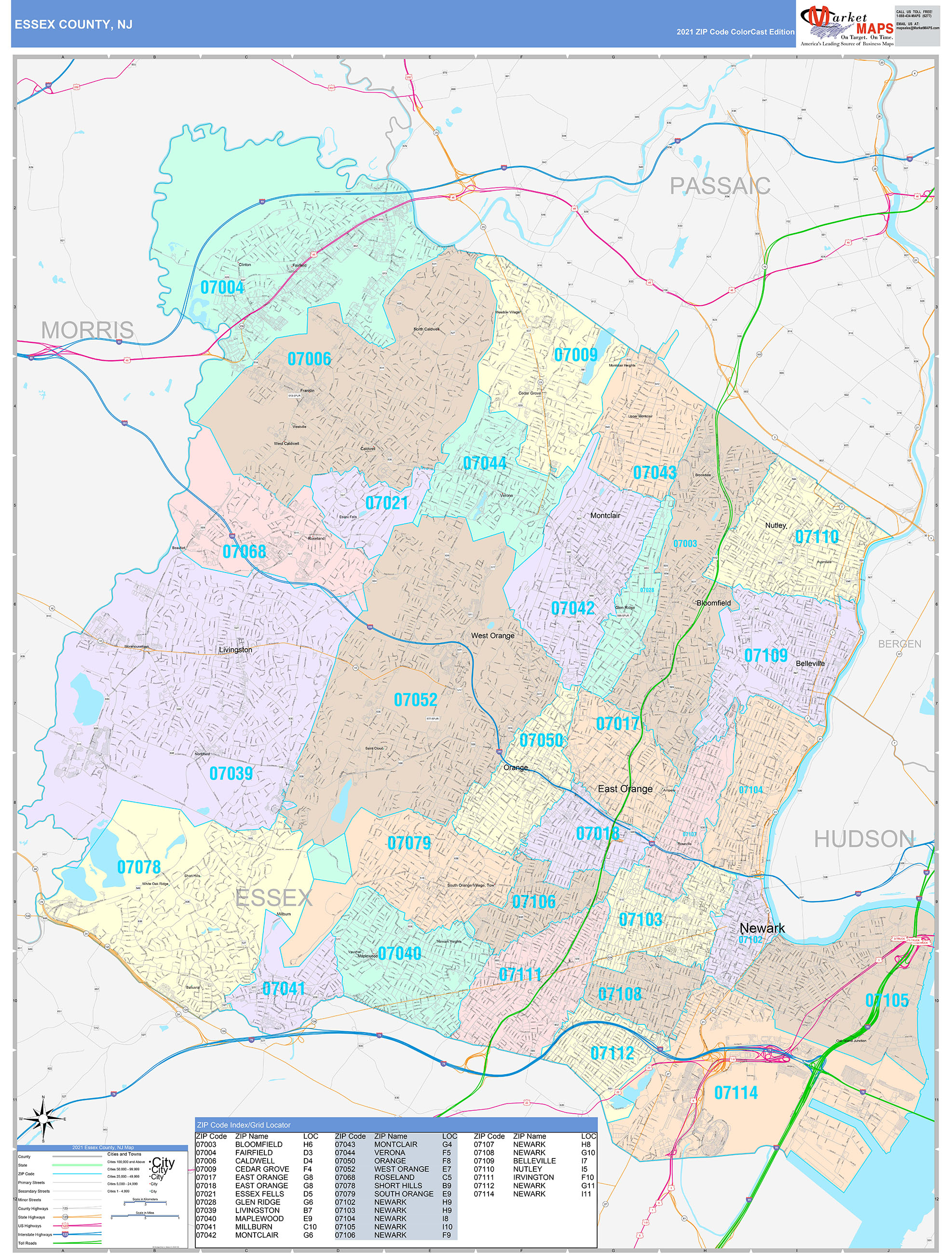 Essex County, NJ Wall Map Color Cast Style by MarketMAPS - MapSales.com