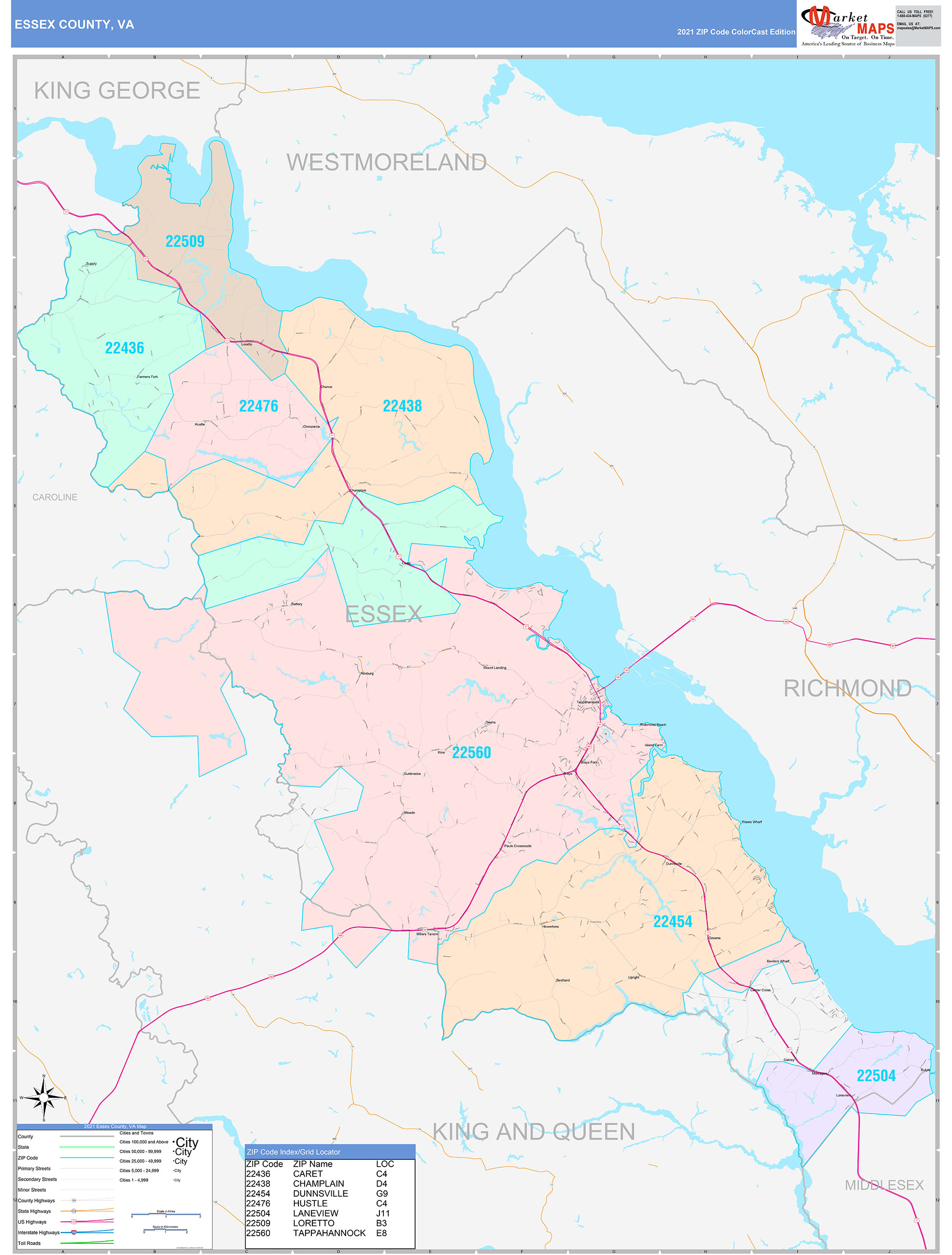 Essex County, VA Wall Map Color Cast Style by MarketMAPS MapSales