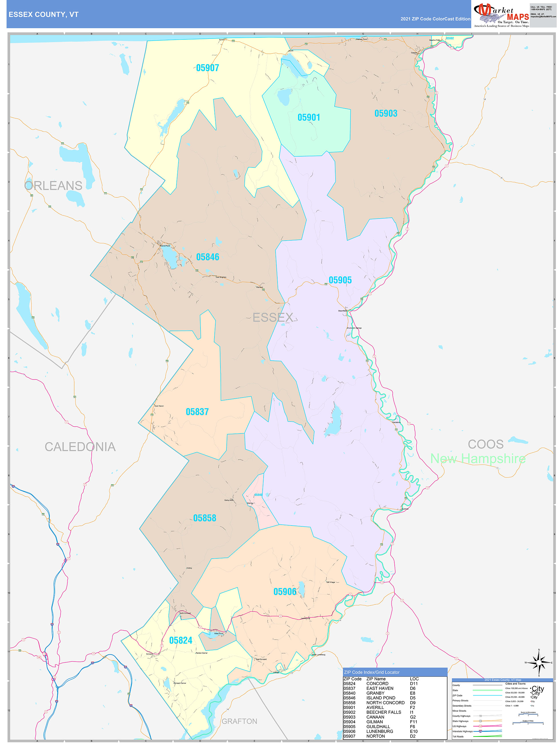 Essex County, VT Wall Map Color Cast Style by MarketMAPS