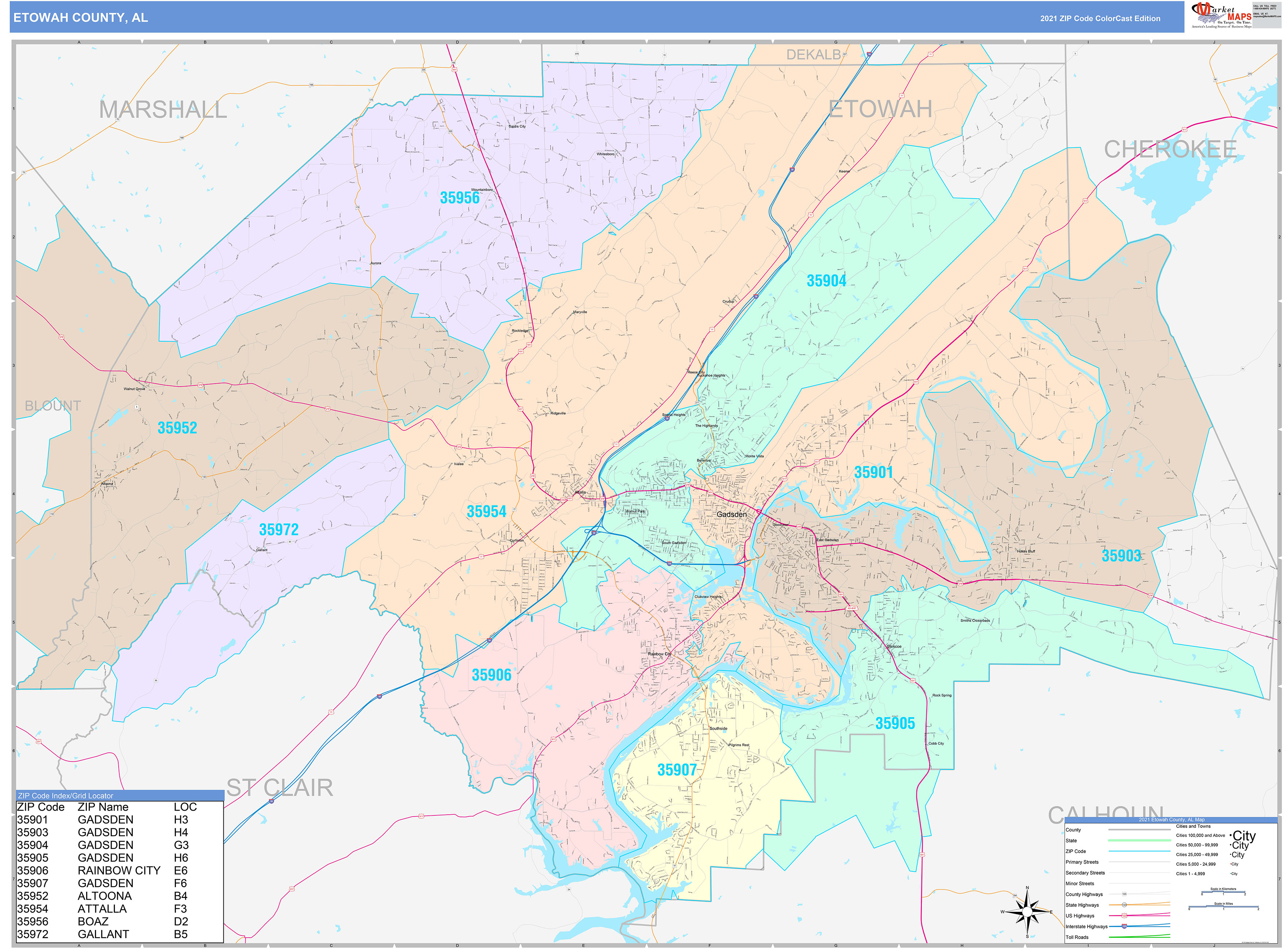 Etowah County, AL Wall Map Color Cast Style by MarketMAPS MapSales