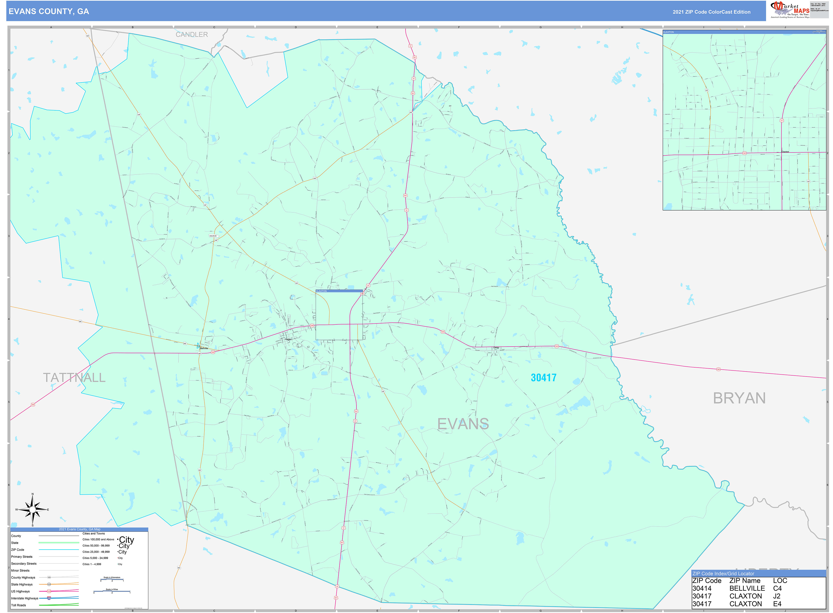 Evans County, GA Wall Map Color Cast Style by MarketMAPS MapSales