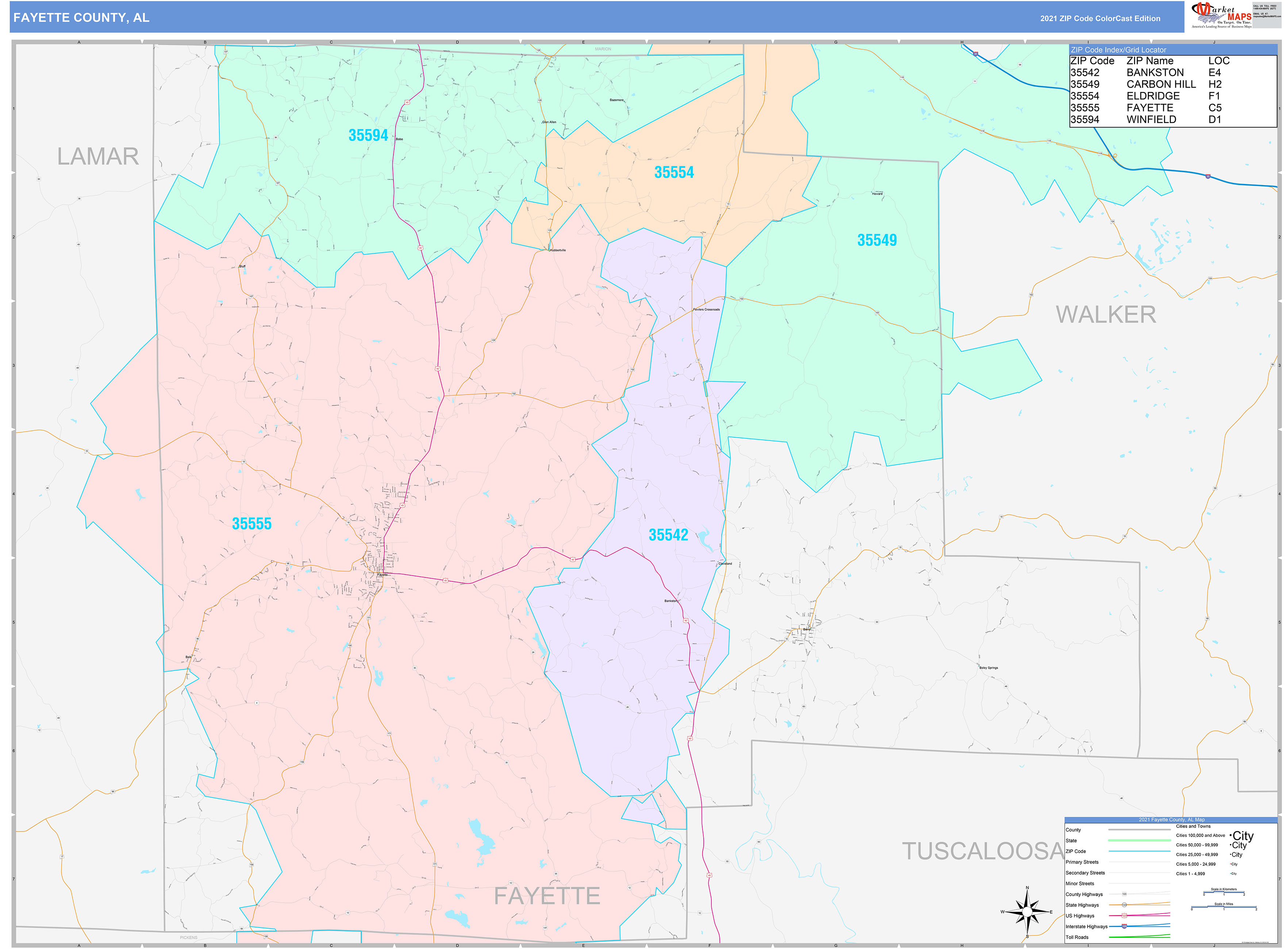 Fayette County, AL Wall Map Color Cast Style by MarketMAPS