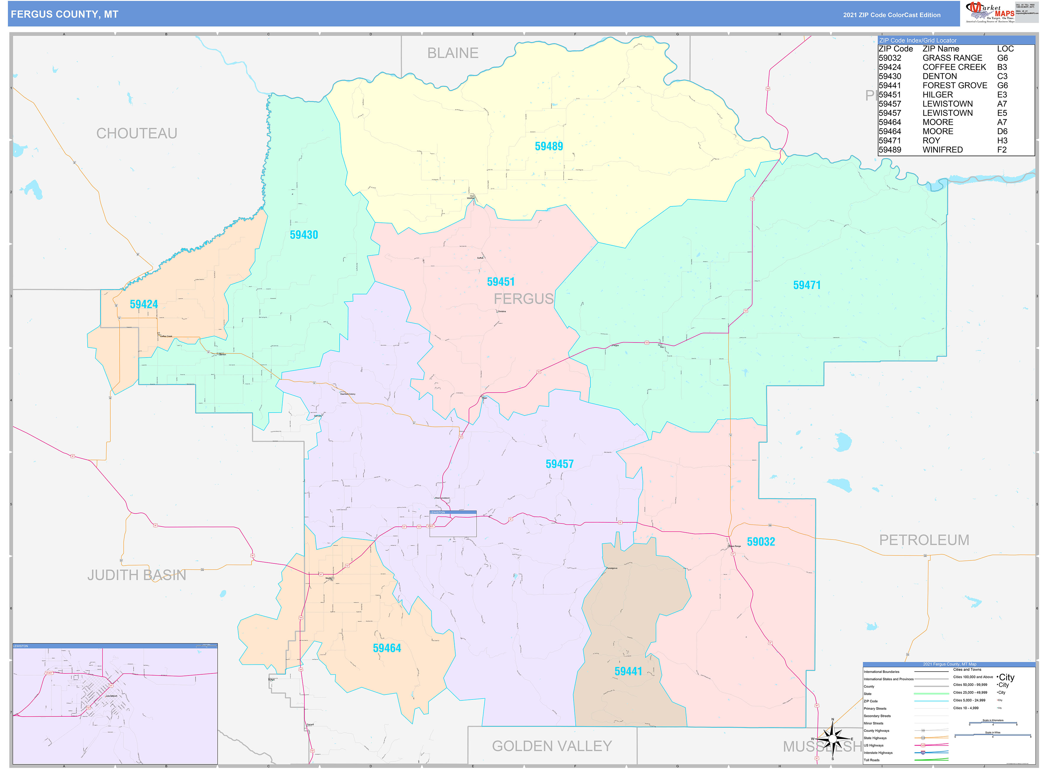 Fergus County, MT Wall Map Color Cast Style by MarketMAPS MapSales