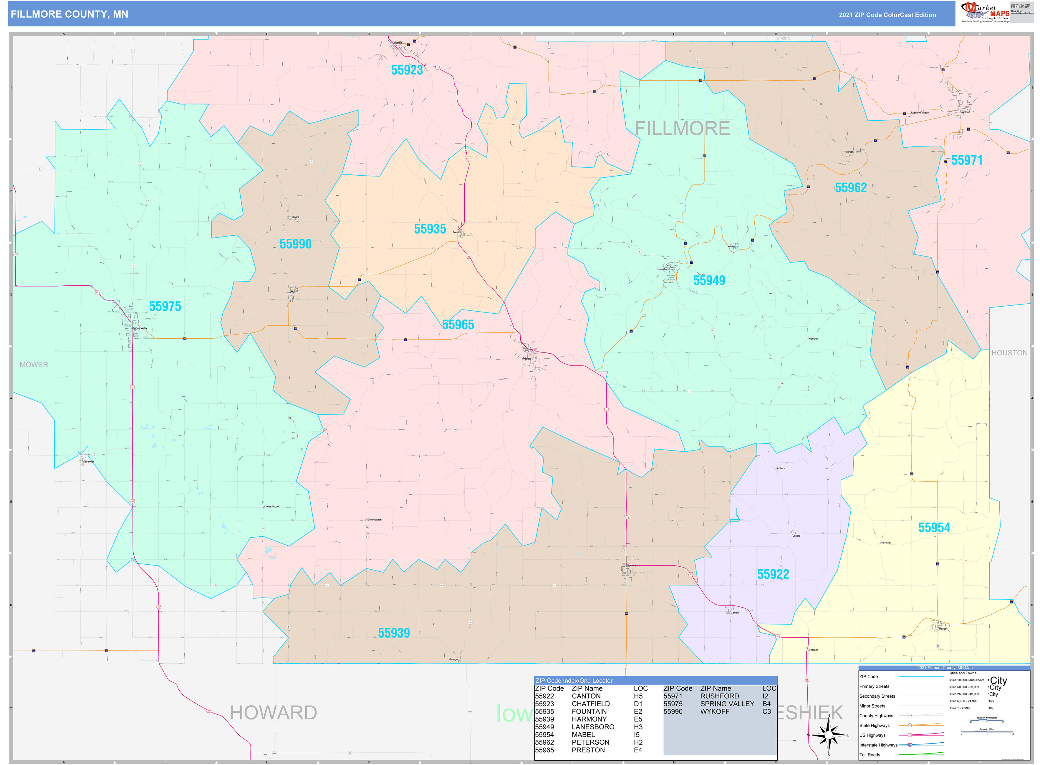 Fillmore County, MN Wall Map Color Cast Style by MarketMAPS