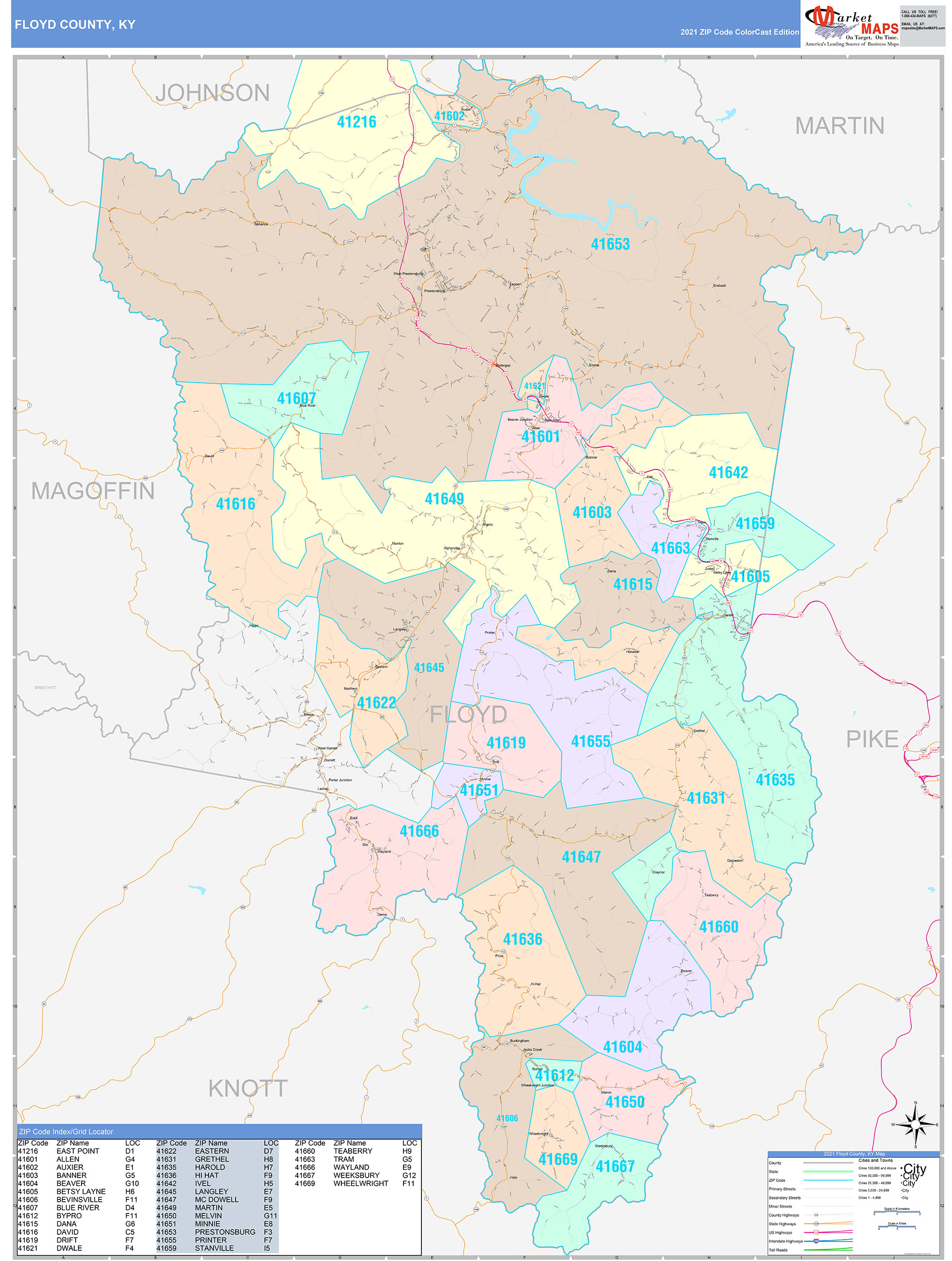 Floyd County, KY Wall Map Color Cast Style by MarketMAPS