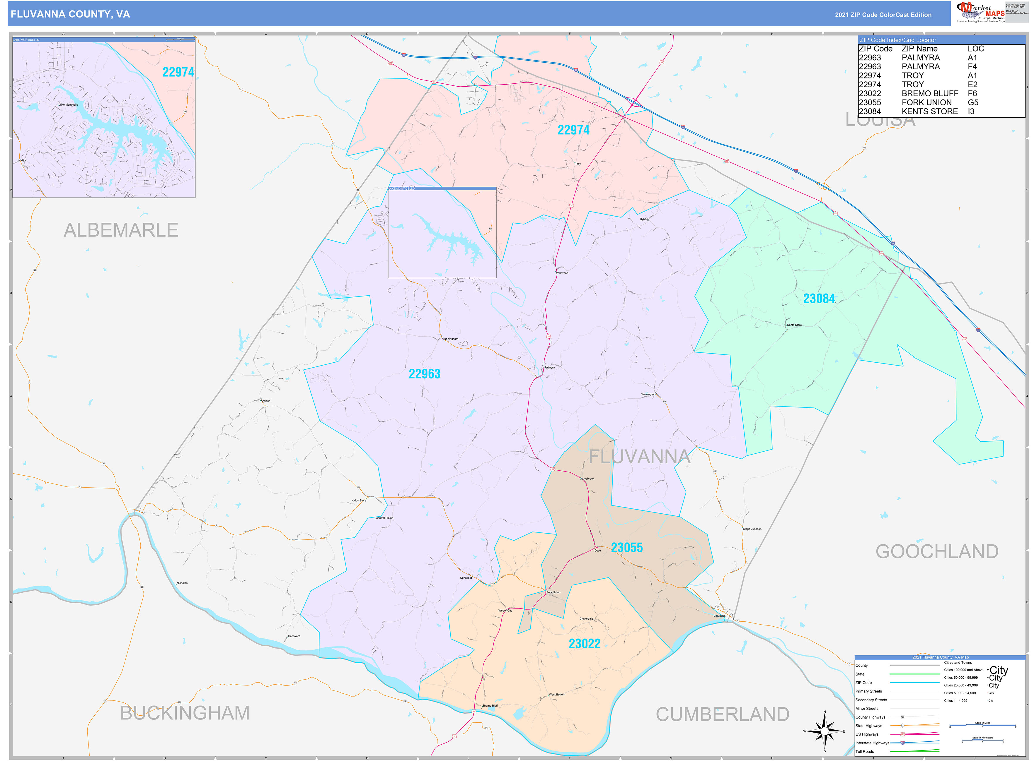 Fluvanna County, VA Wall Map Color Cast Style by MarketMAPS