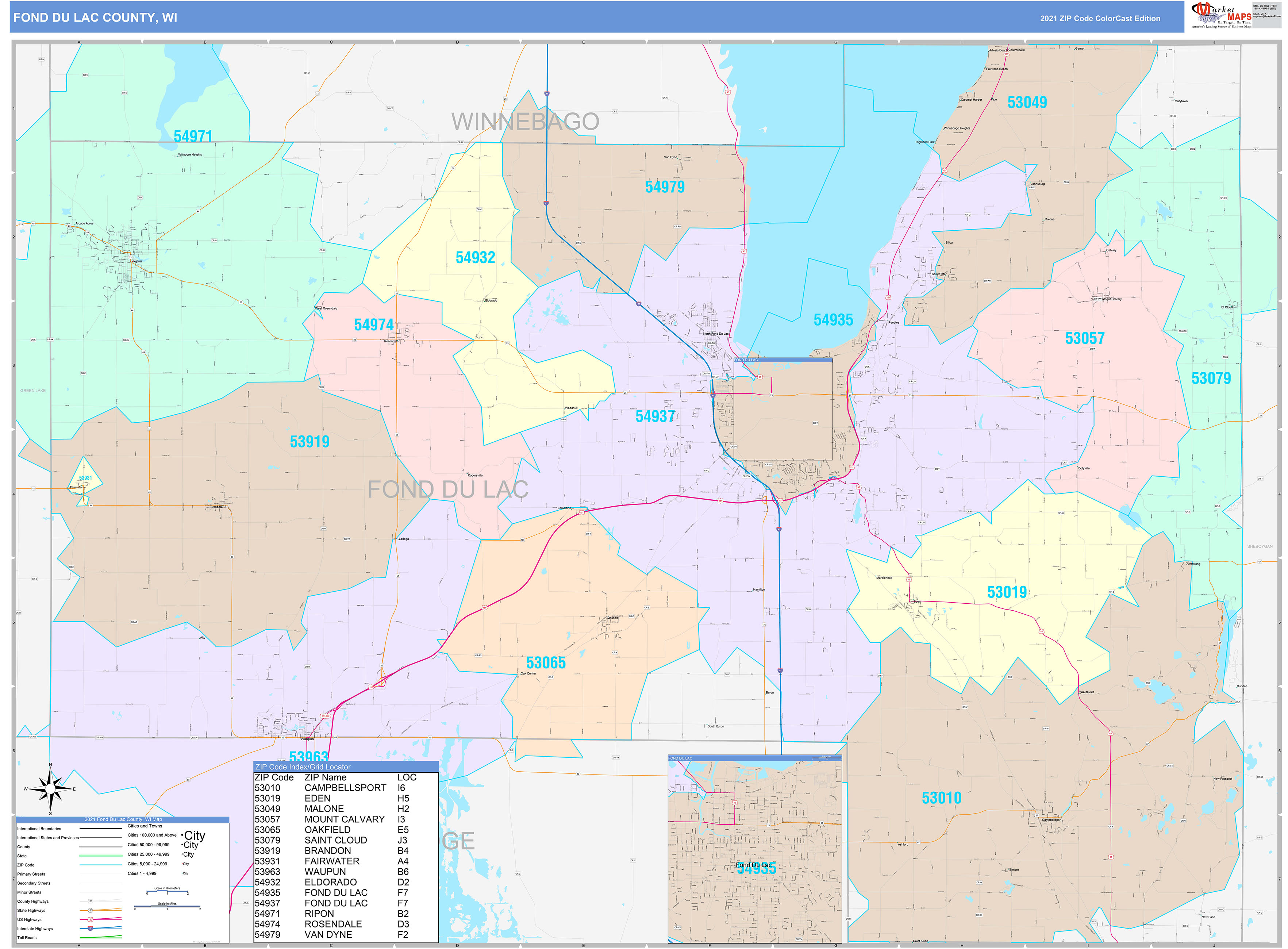 Fond du Lac County, WI Wall Map Color Cast Style by MarketMAPS