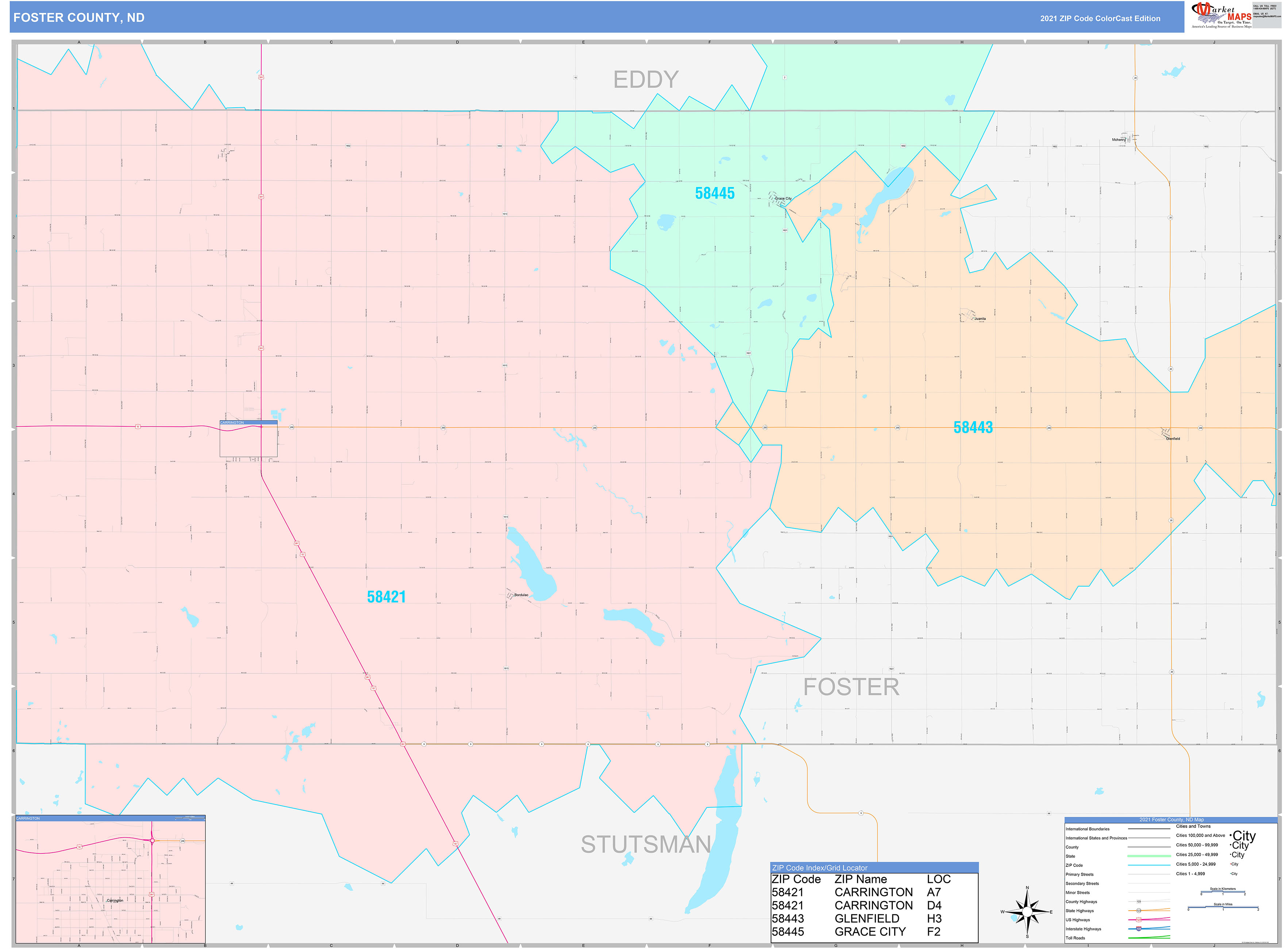 Foster County, ND Wall Map Color Cast Style by MarketMAPS