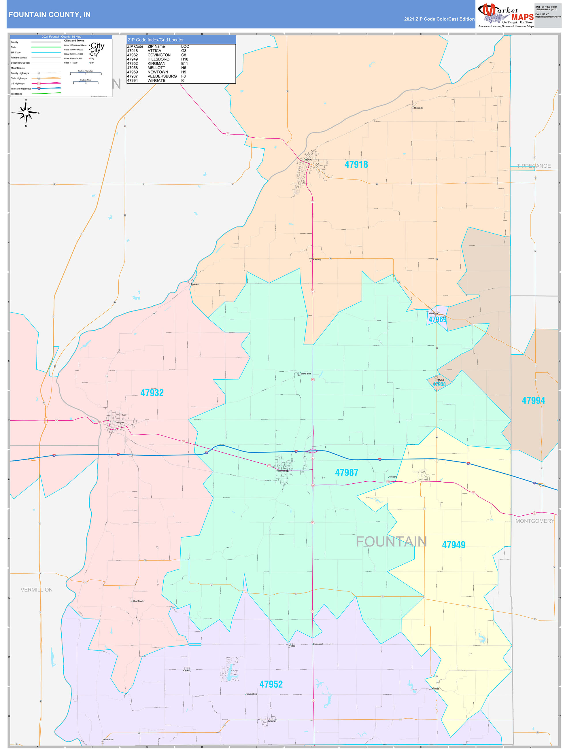 Fountain County, IN Wall Map Color Cast Style by MarketMAPS
