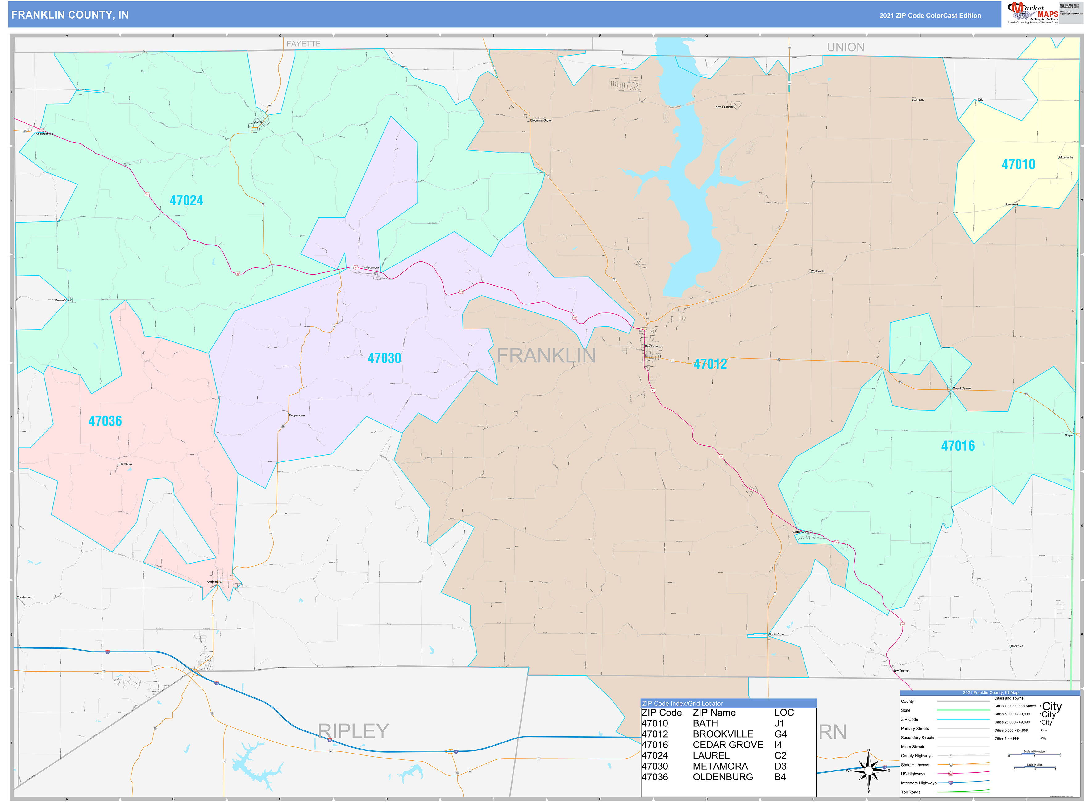Franklin County, IN Wall Map Color Cast Style by MarketMAPS