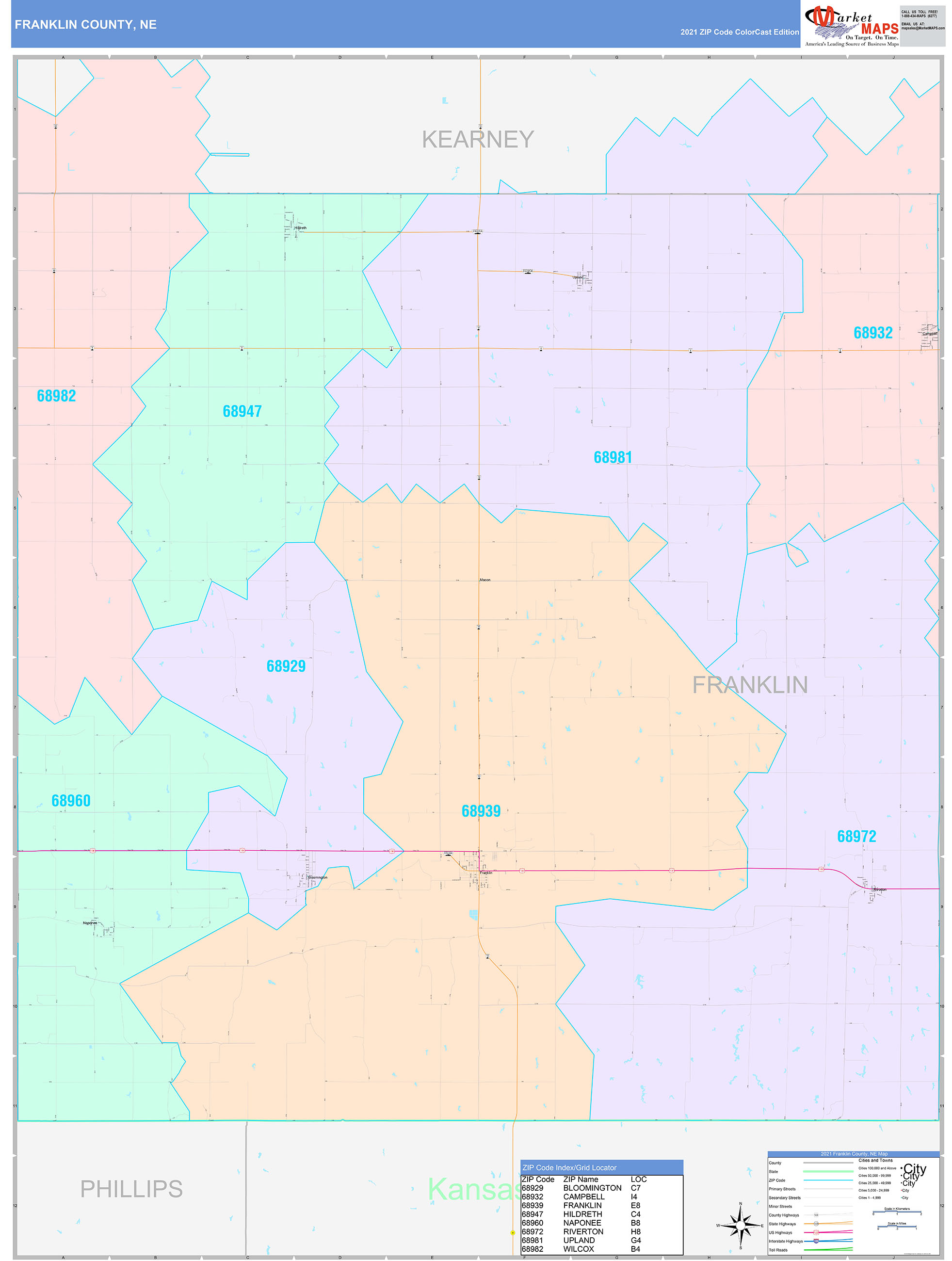Franklin County, NE Wall Map Color Cast Style by MarketMAPS MapSales