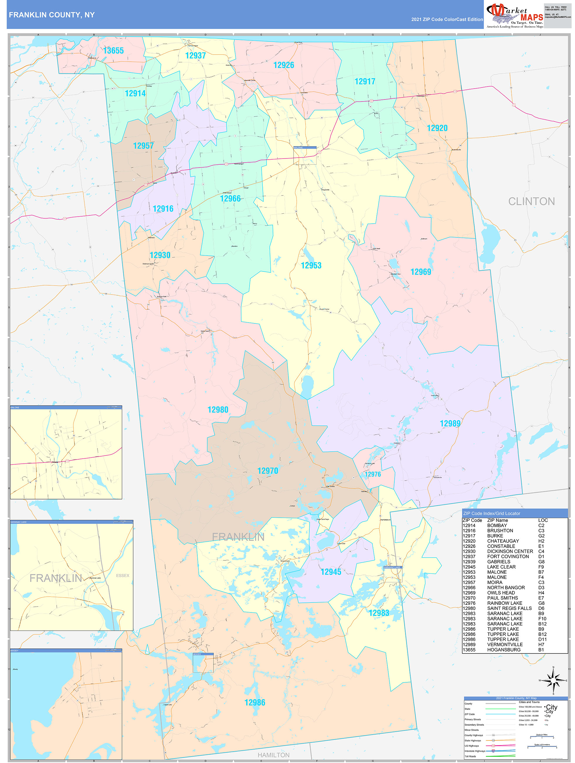 Franklin County, NY Wall Map Color Cast Style by MarketMAPS