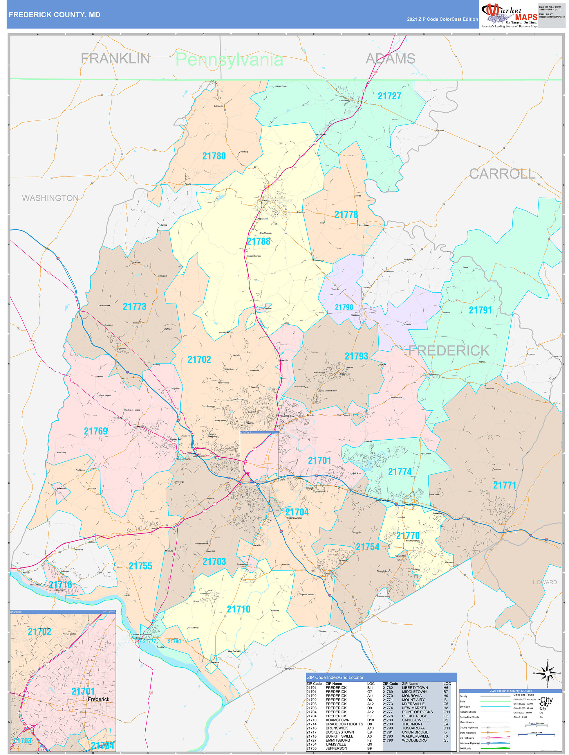 Frederick County, MD Wall Map Color Cast Style by MarketMAPS