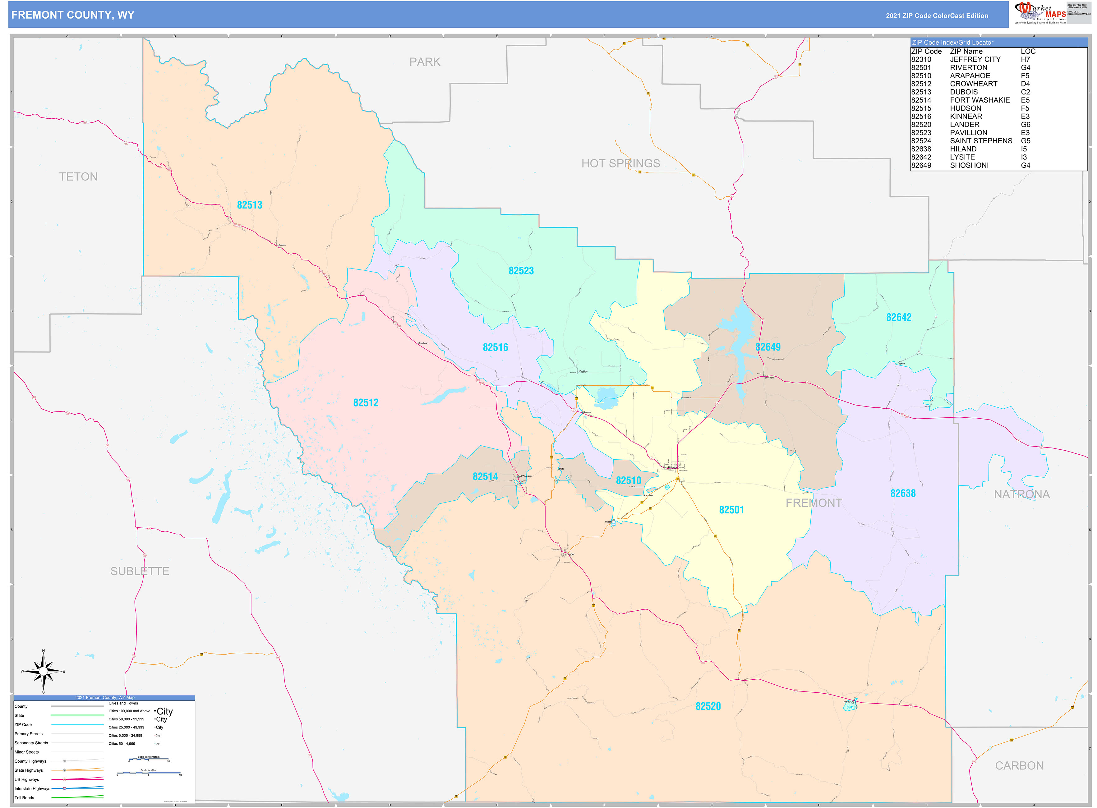 Fremont County, WY Wall Map Color Cast Style by MarketMAPS MapSales