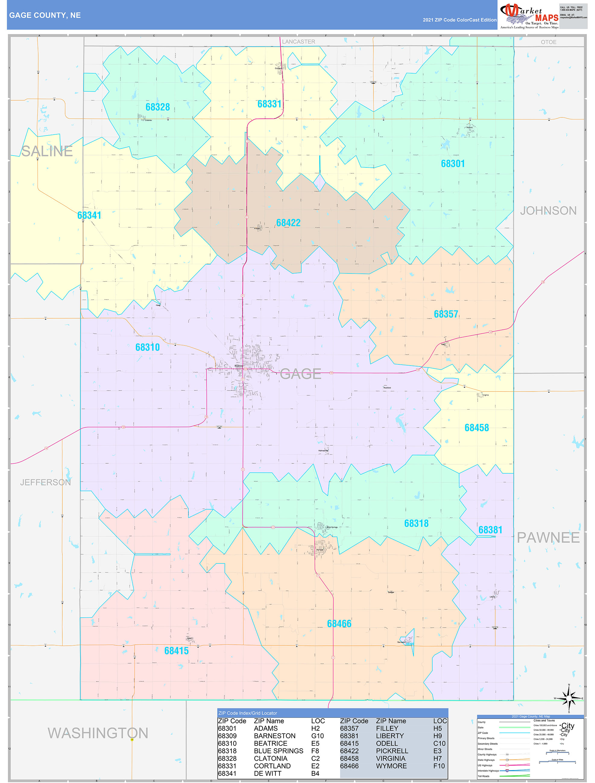 Gage County, NE Wall Map Color Cast Style by MarketMAPS