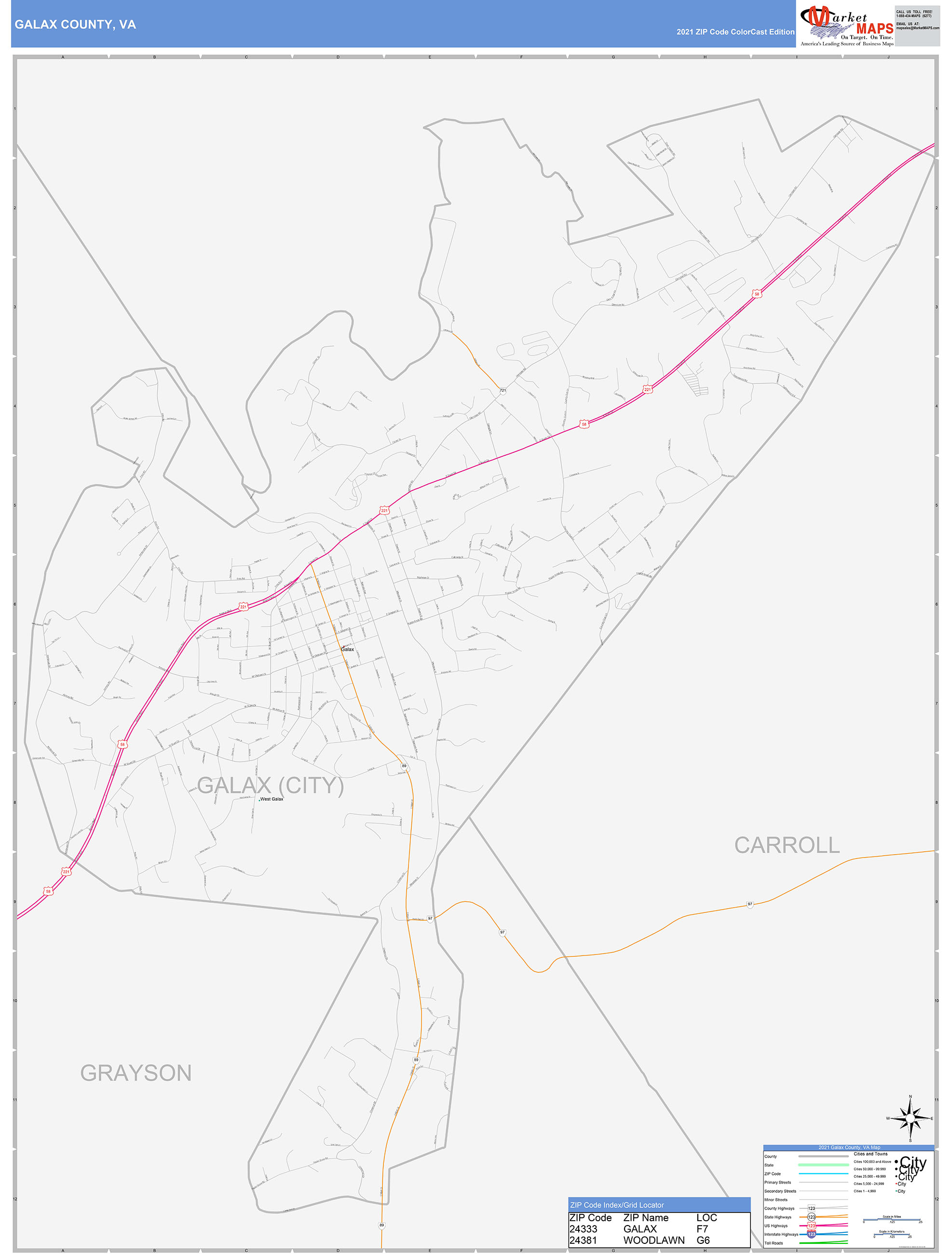 Galax County, VA Wall Map Color Cast Style by MarketMAPS