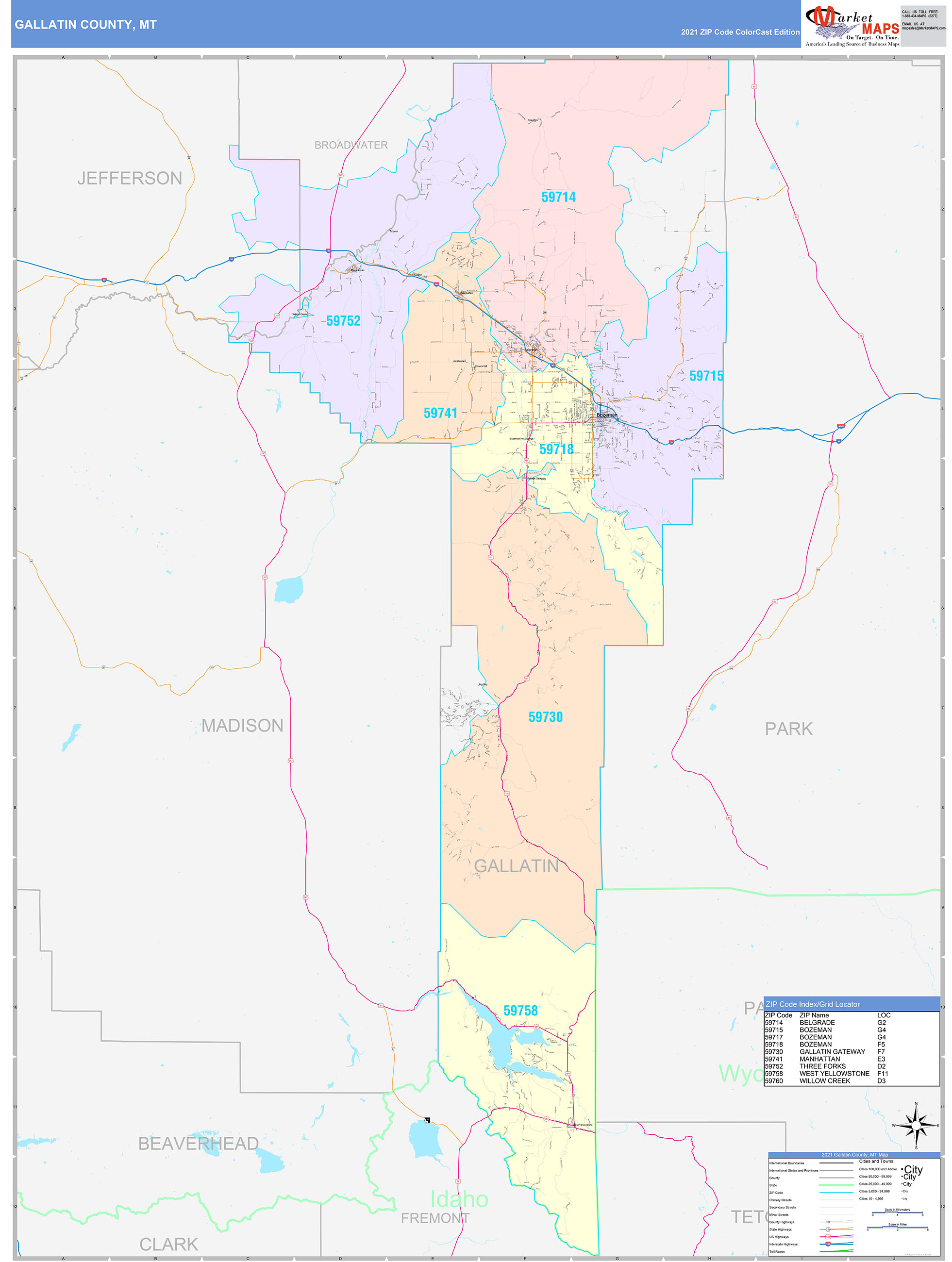 Gallatin County, MT Wall Map Color Cast Style by MarketMAPS