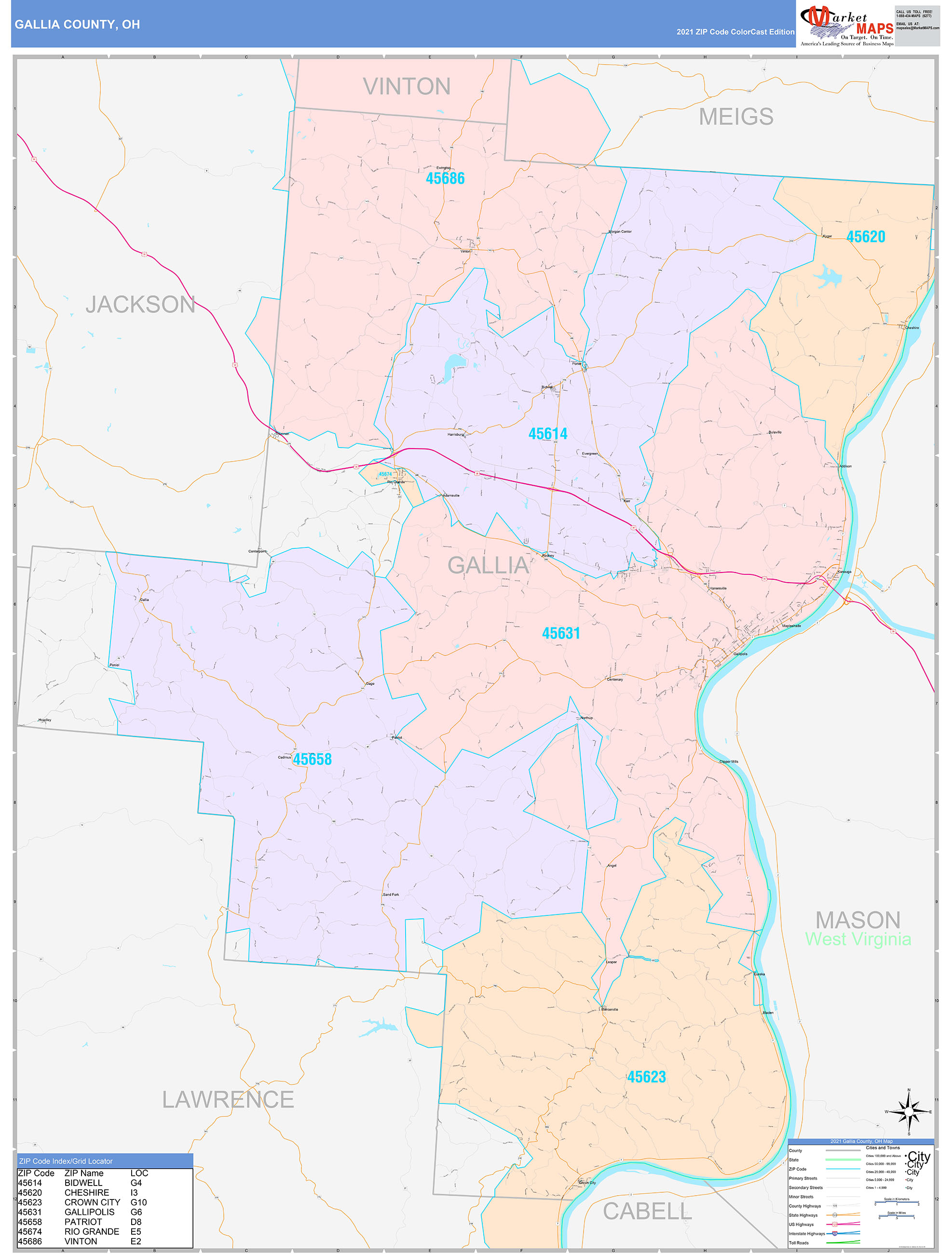 Gallia County, OH Wall Map Color Cast Style by MarketMAPS