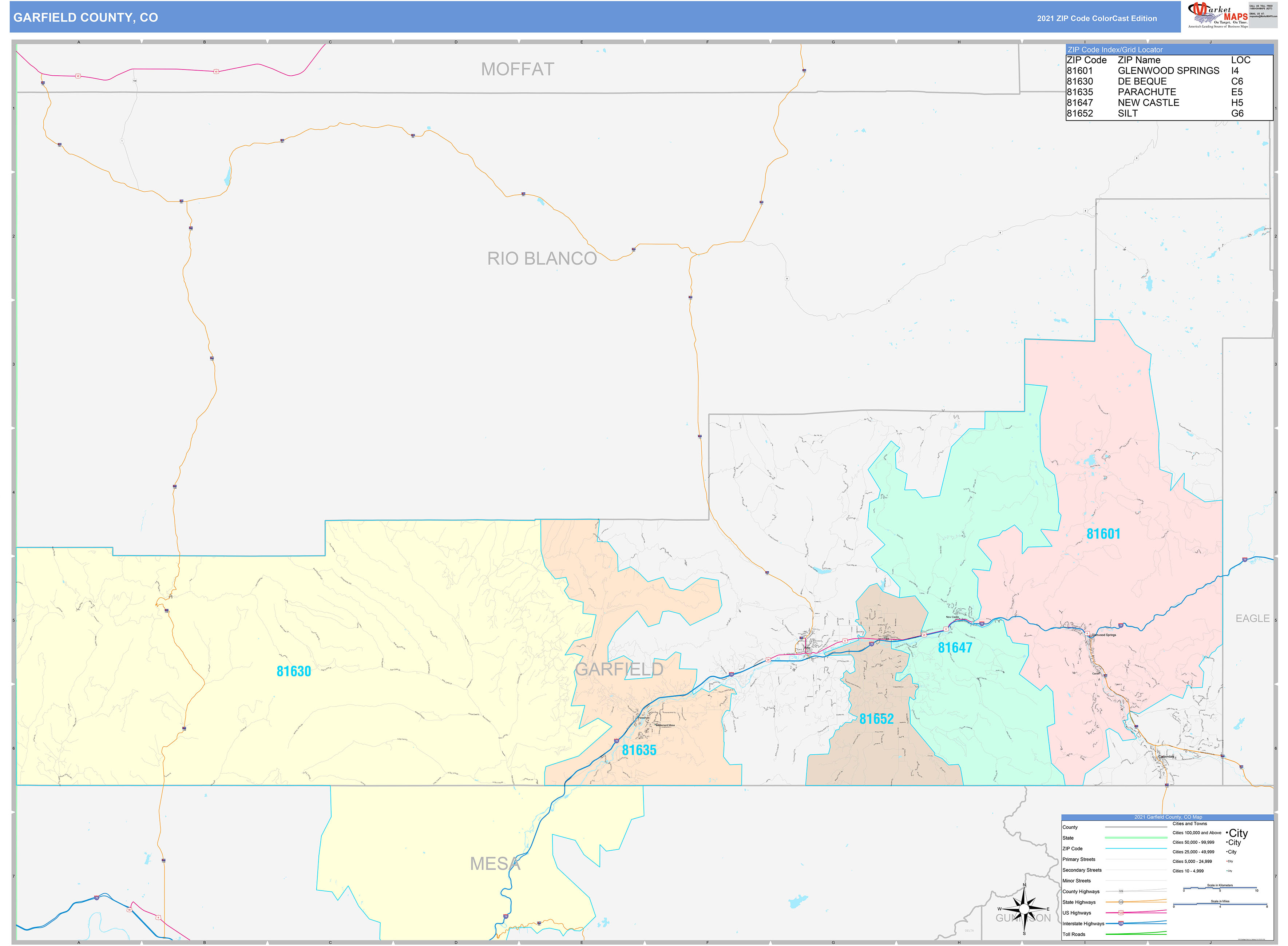 Garfield County, CO Wall Map Color Cast Style by MarketMAPS MapSales