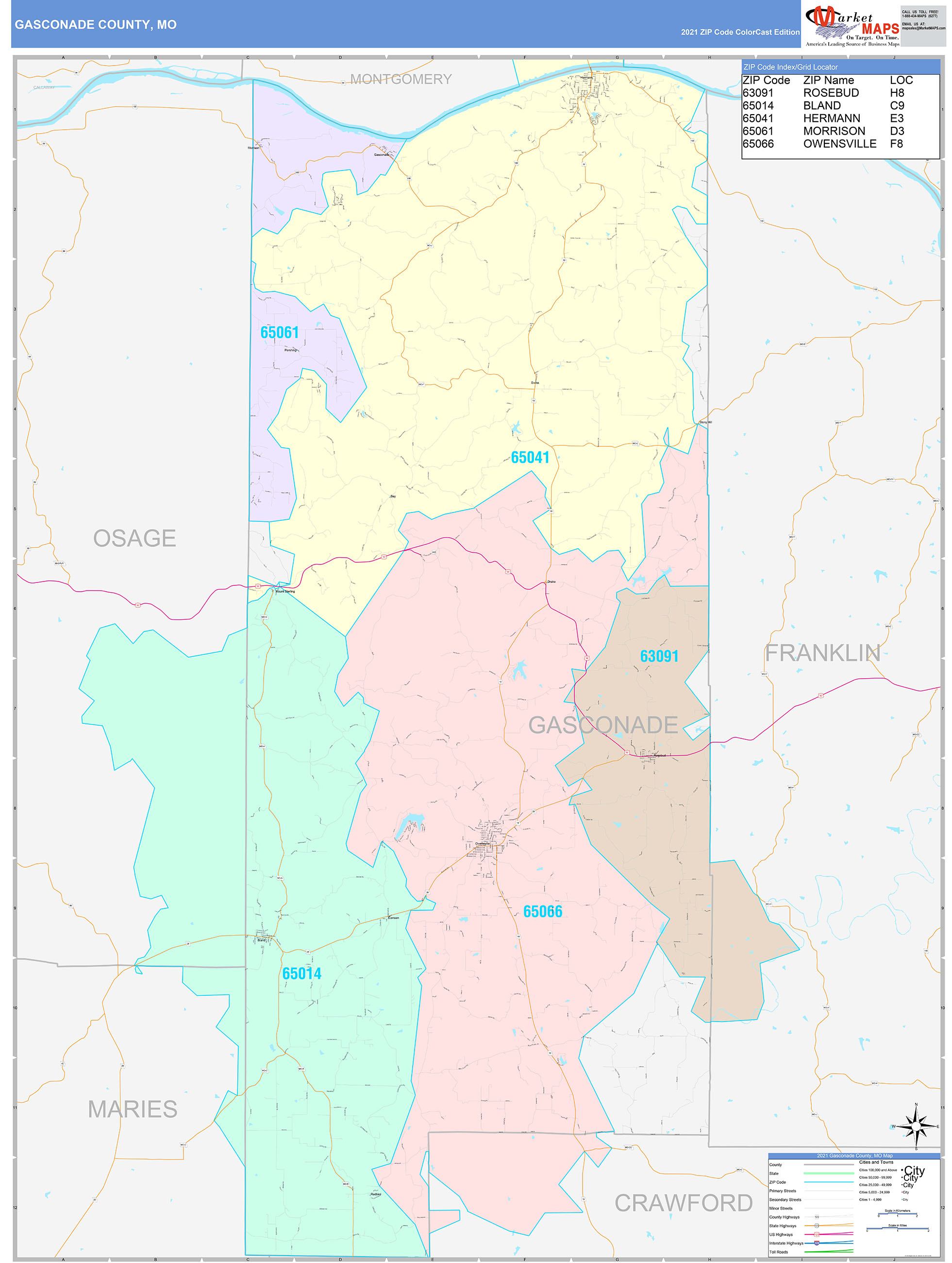 Gasconade County, MO Wall Map Color Cast Style by MarketMAPS