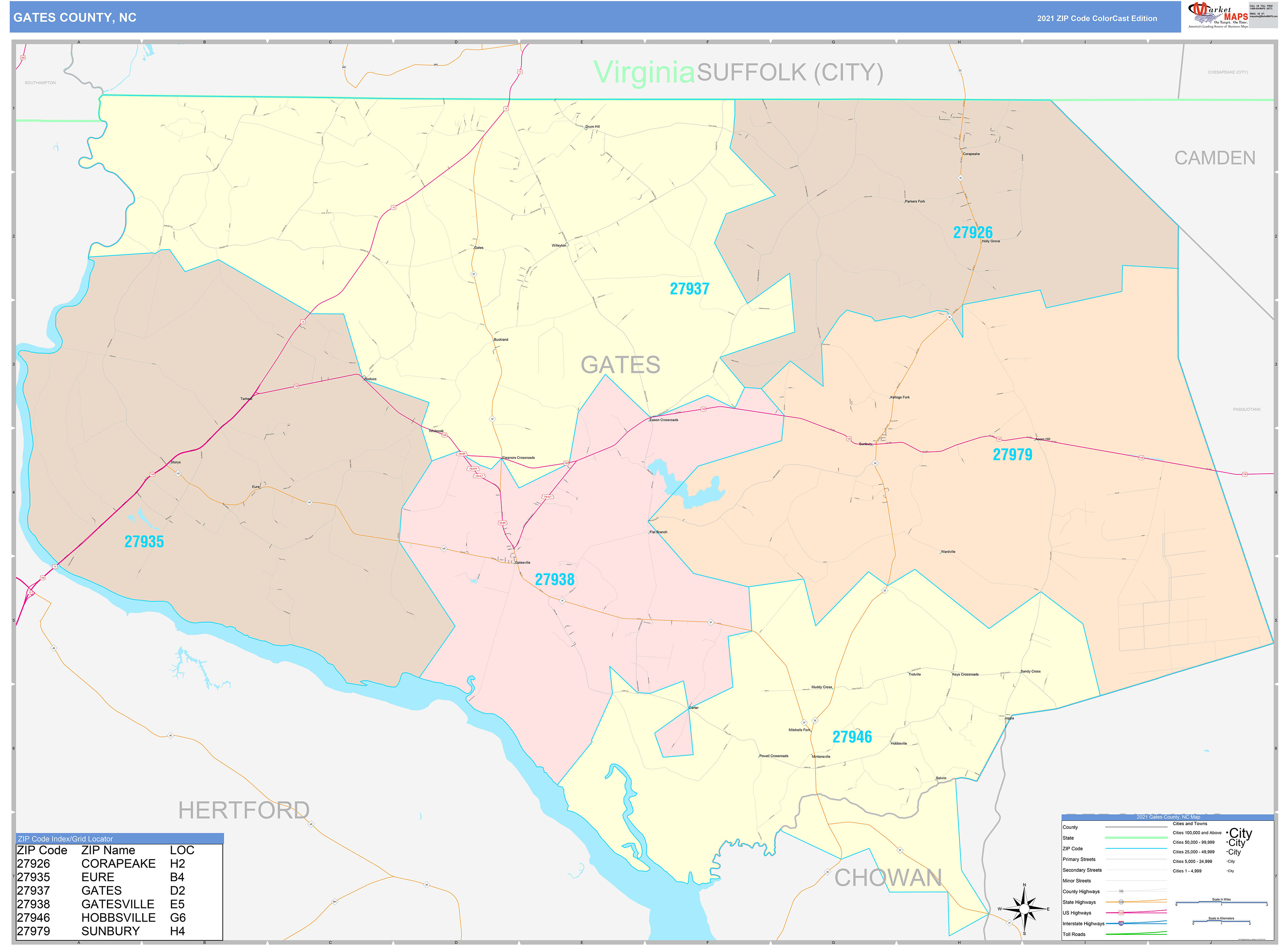Gates County, NC Wall Map Color Cast Style by MarketMAPS