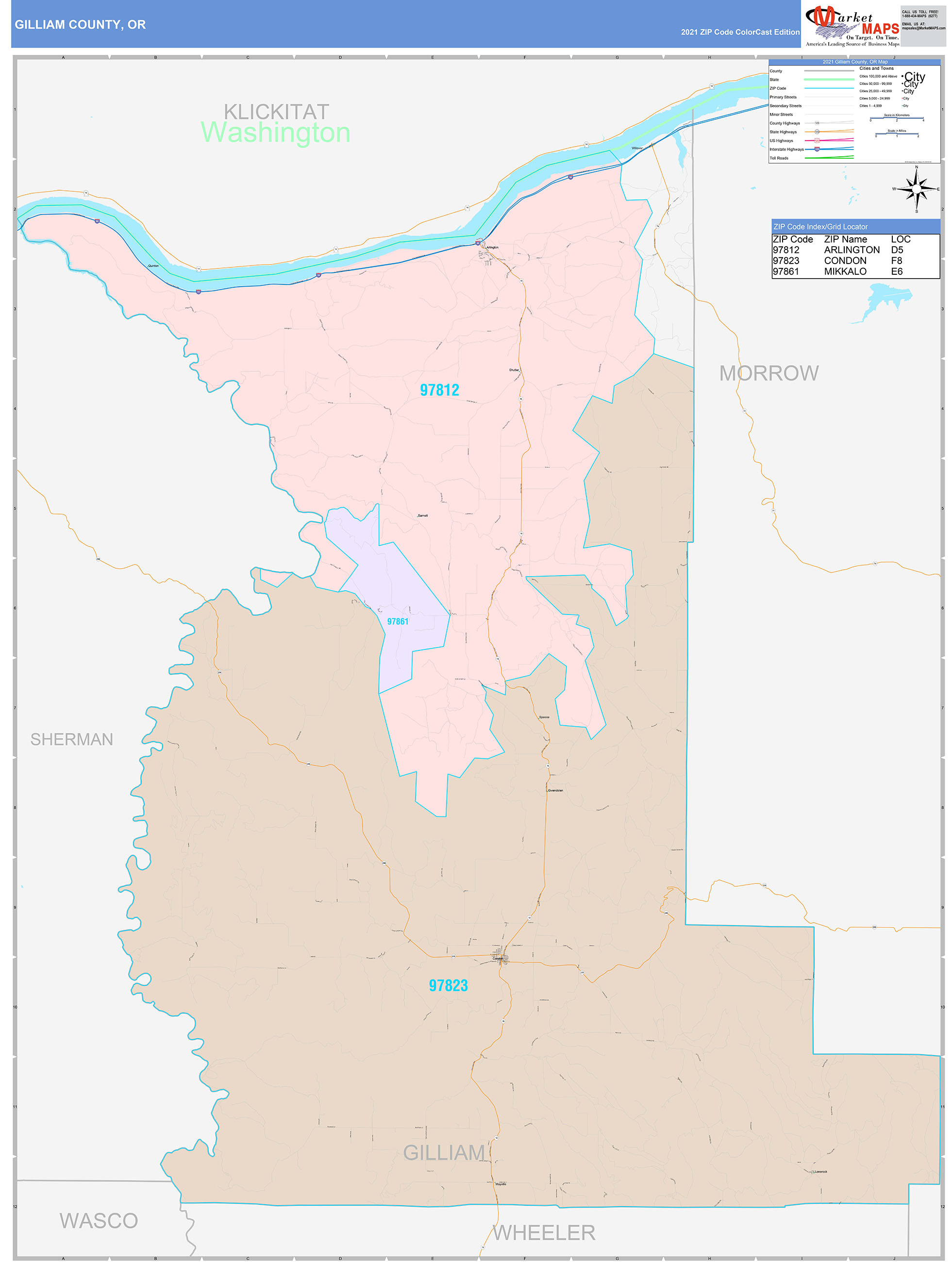 Gilliam County, OR Wall Map Color Cast Style by MarketMAPS