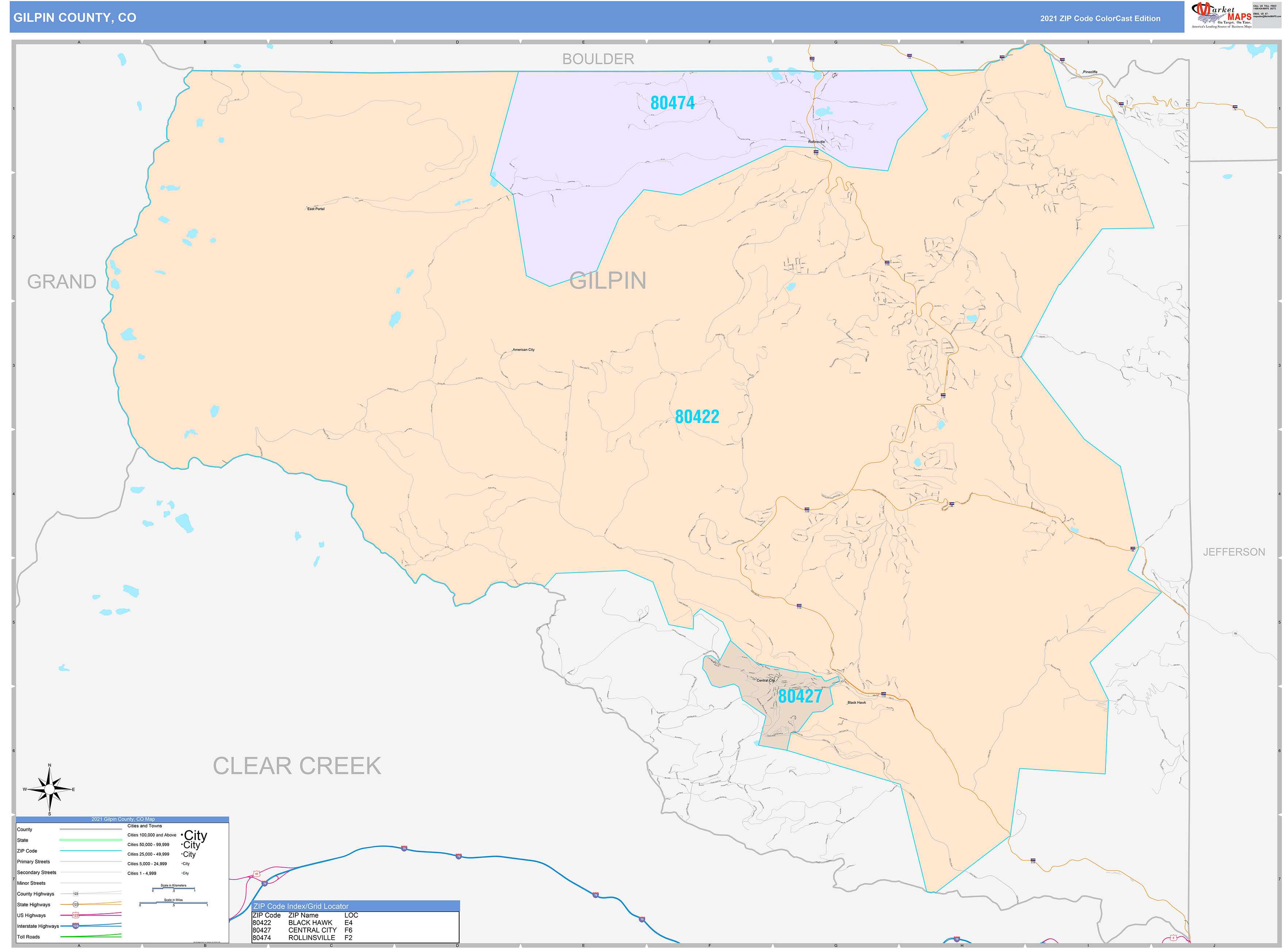 Gilpin County, CO Wall Map Color Cast Style by MarketMAPS