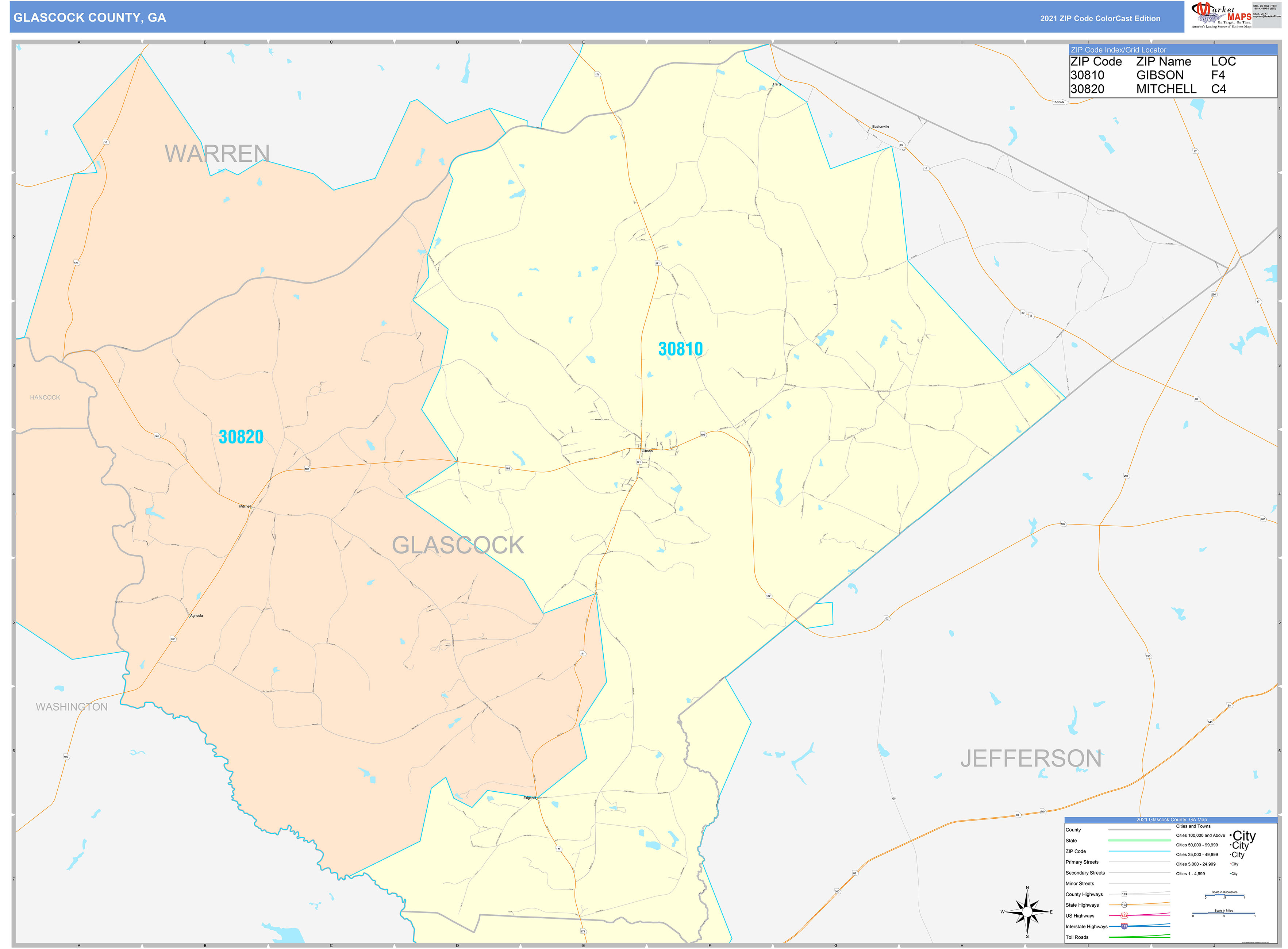 Glascock County, GA Wall Map Color Cast Style by MarketMAPS