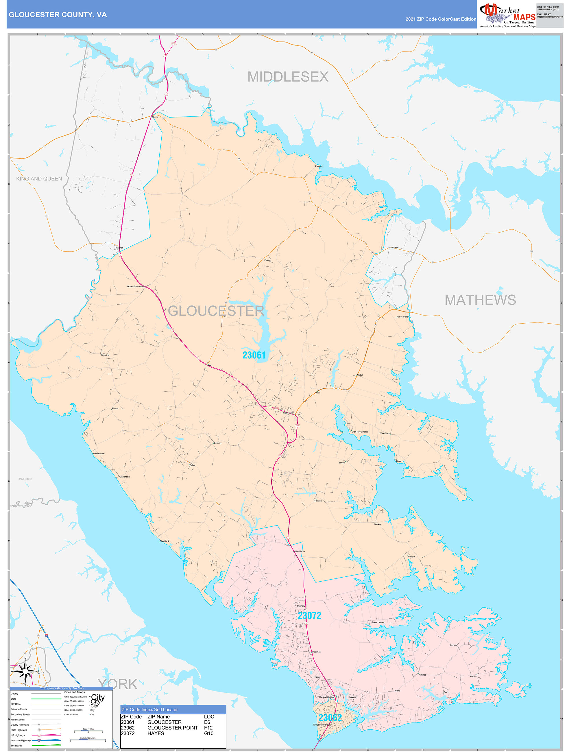 Gloucester County, VA Wall Map Color Cast Style by MarketMAPS MapSales