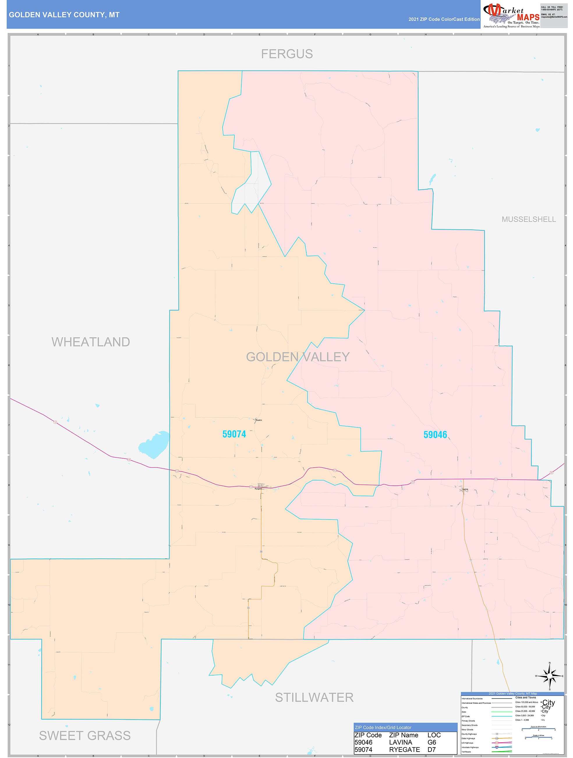 Golden Valley County, MT Wall Map Color Cast Style by MarketMAPS
