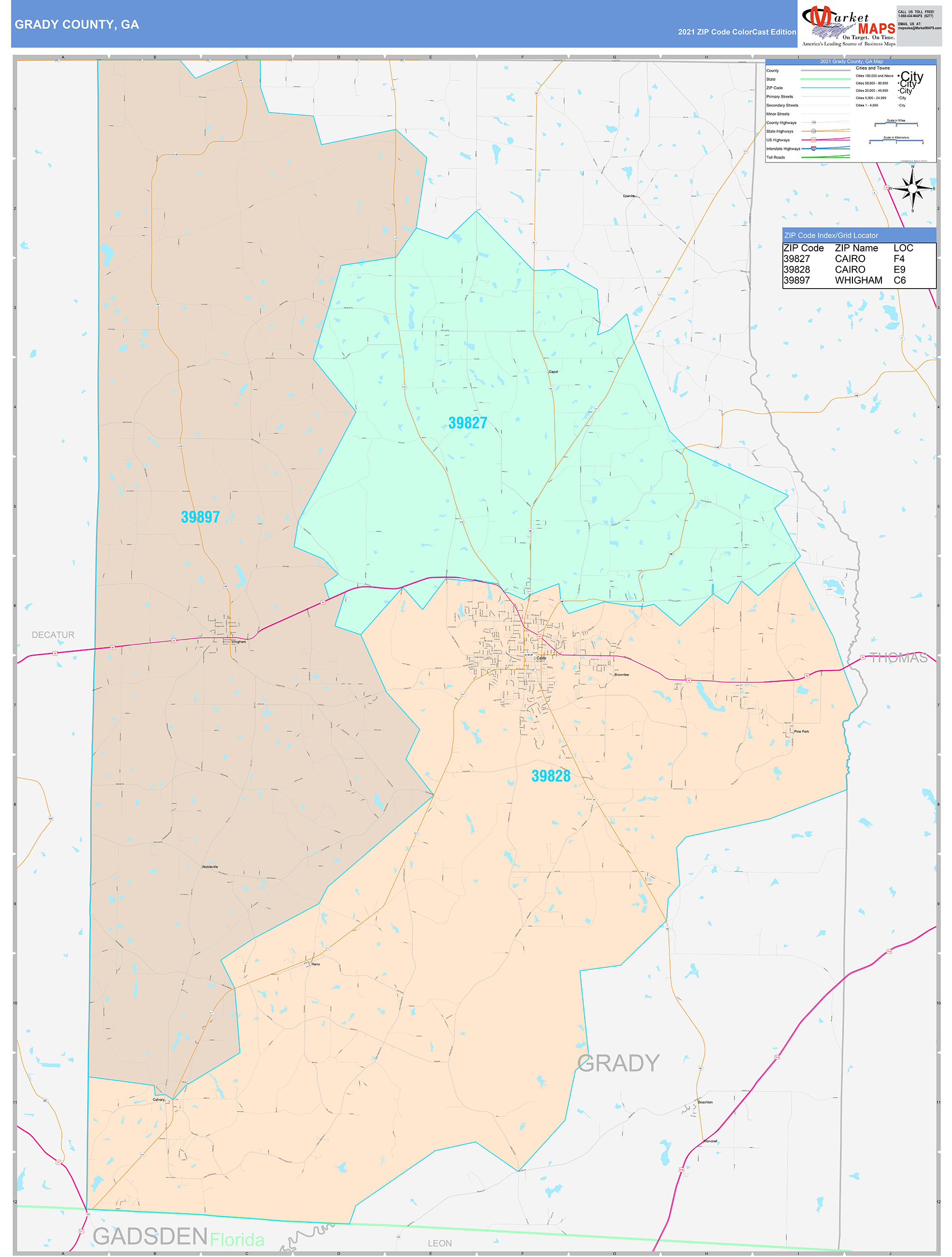 Grady County, GA Wall Map Color Cast Style by MarketMAPS MapSales